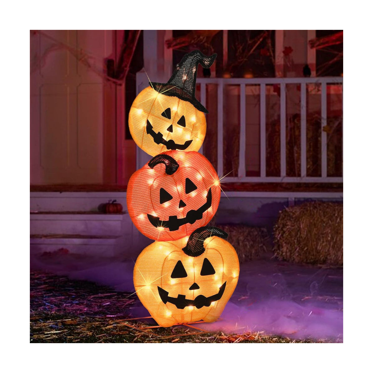 Halloween Lighted Stacked Pumpkins Decoration, Pre-Lit with 50 Warm White Lights Jack-O-Lantern Pumpkins Lights, Halloween Light Up Pumpkin for Indoor, Outdoor, Porch, Yard, 39’’ H