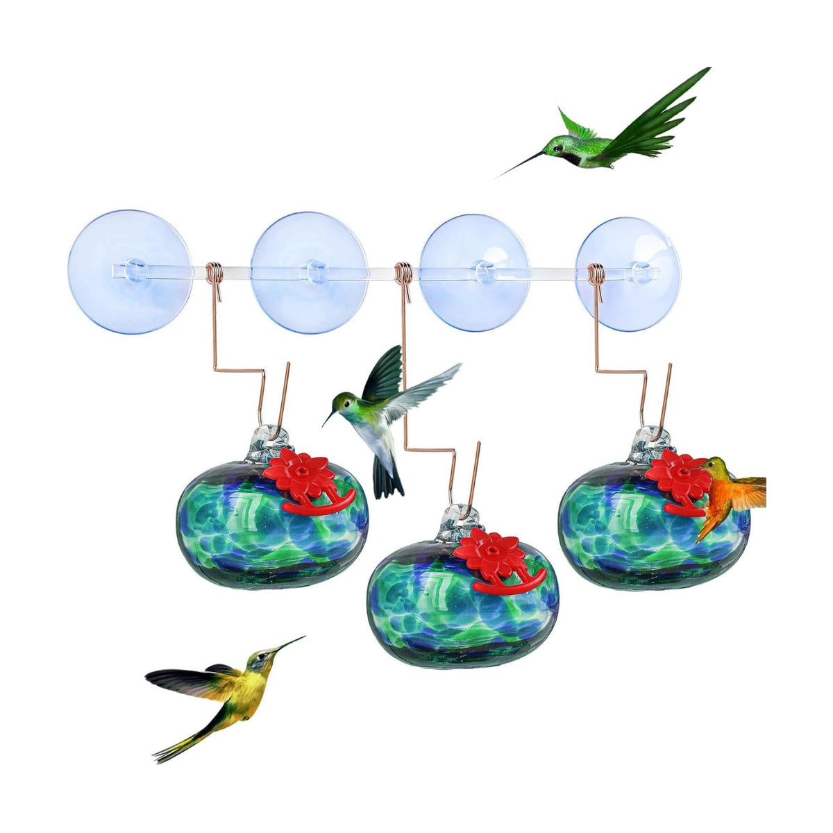 QFkris 3 Pack Blown Glass Hummingbird Feeder with Suction Cups for Window