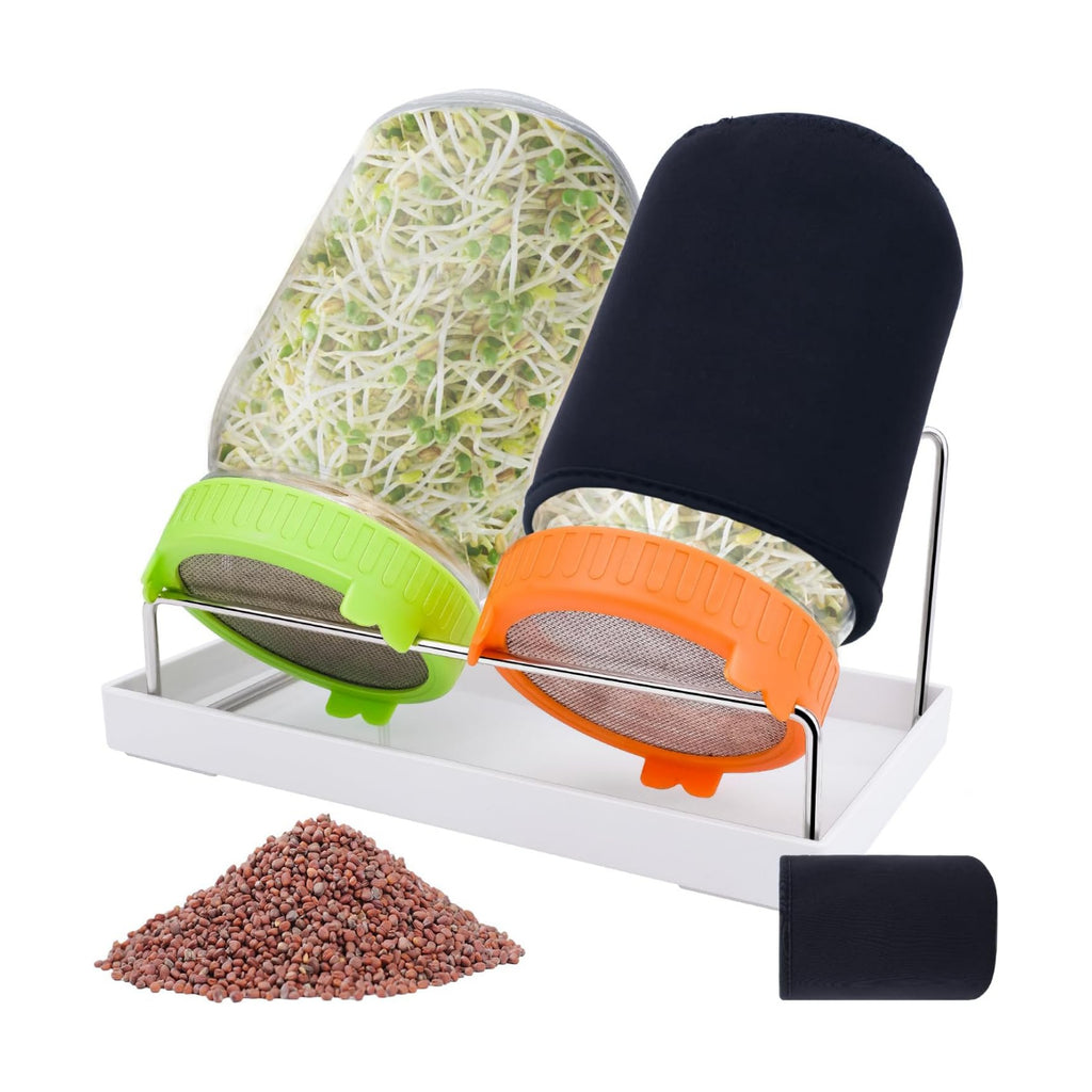 Seed Sprouting Kit with Radish 80g, 2 Large Wide Mouth Mason Jars with Sprout Lids, Blackout Sleeves, Drain Tray