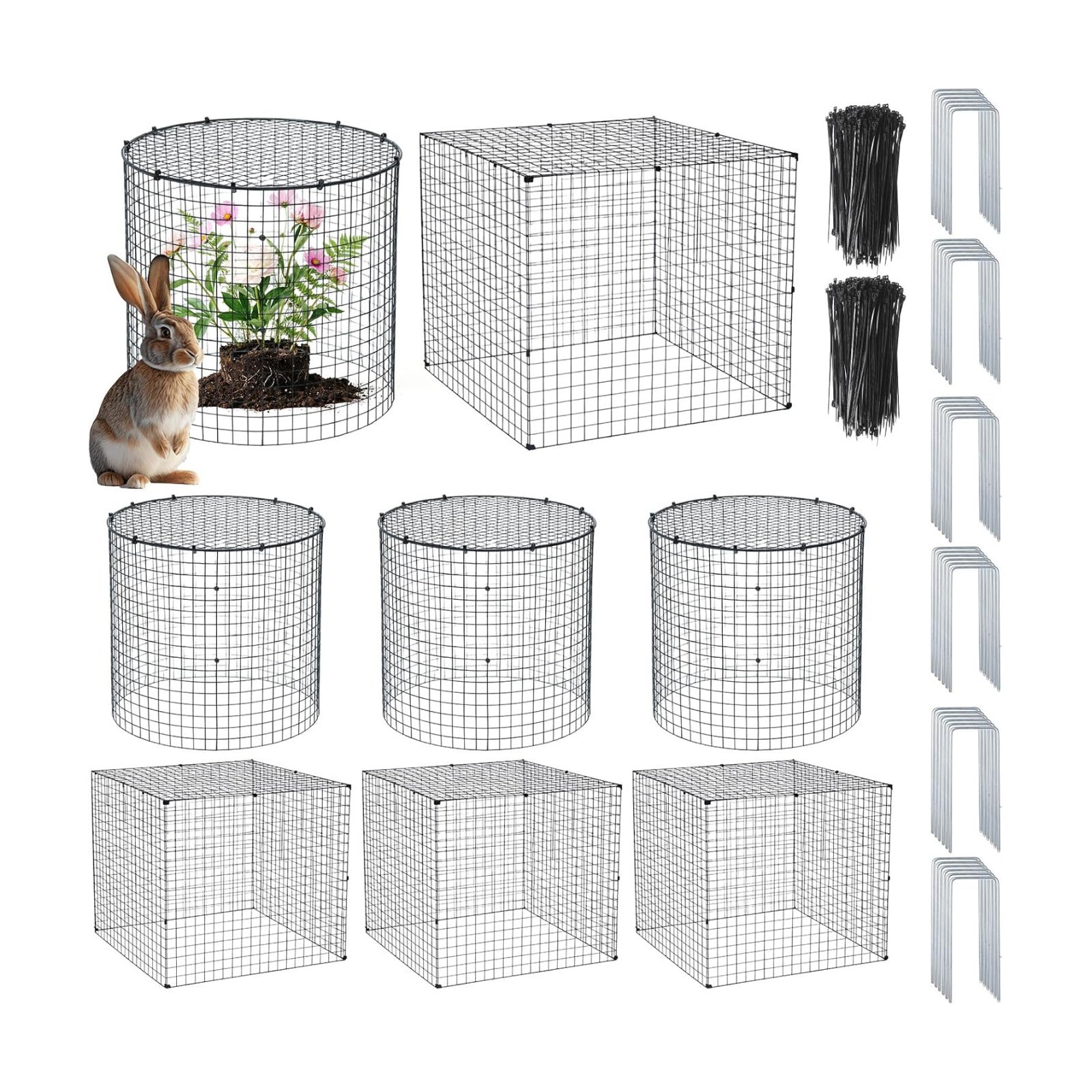 6 Set Garden Plant Protectors from Animals 12'' x 12'' Metal Wire Protectors Cage with Stakes, Metal Mesh and
