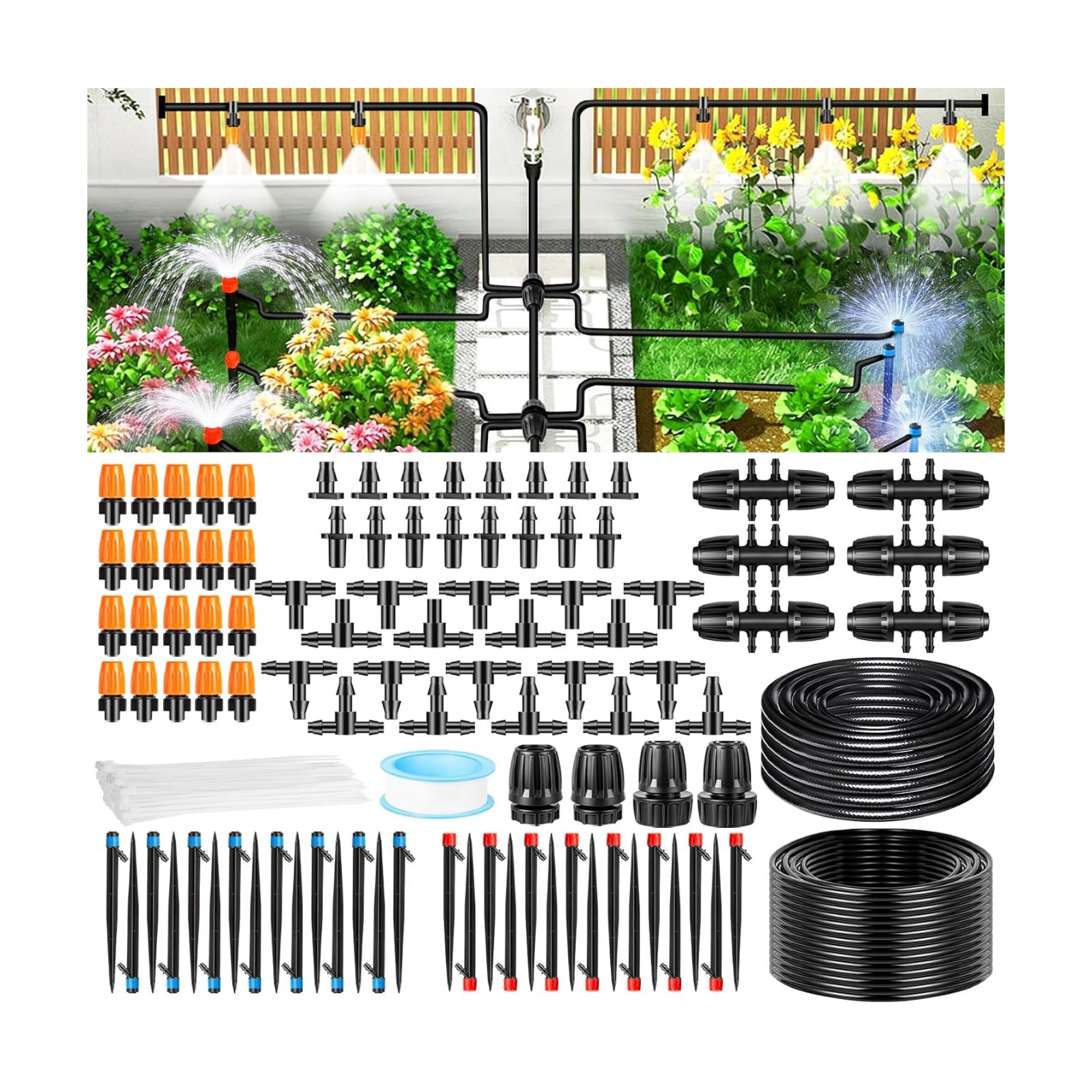 250FT Drip Irrigation System Kit, Automatic Drip Irrigation Kit with 1/2 inch Hose 1/4 inch Distribution Tubing and