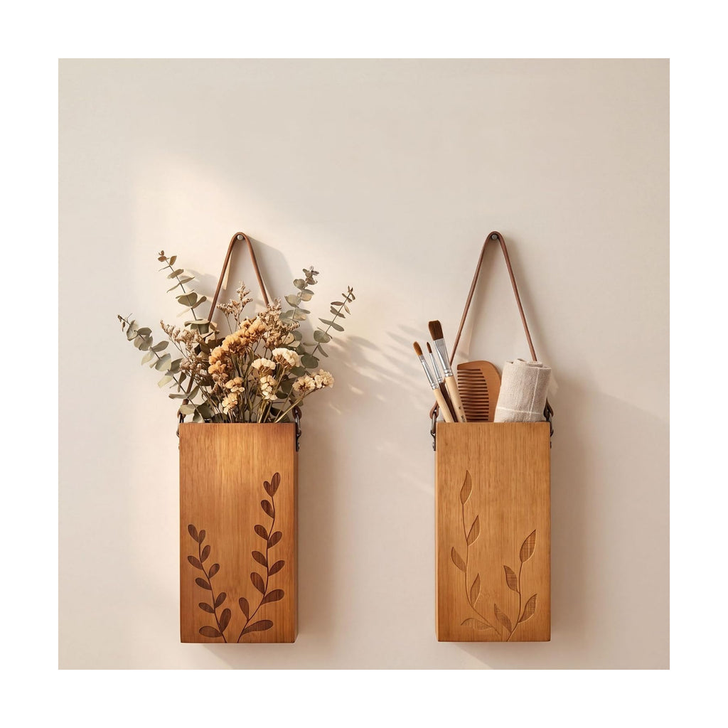 Set of 2 Bamboo Wall Planters Indoor Plants Brown Wood Wall Vase with Durable Leather Handle Boho Wall Decor Living