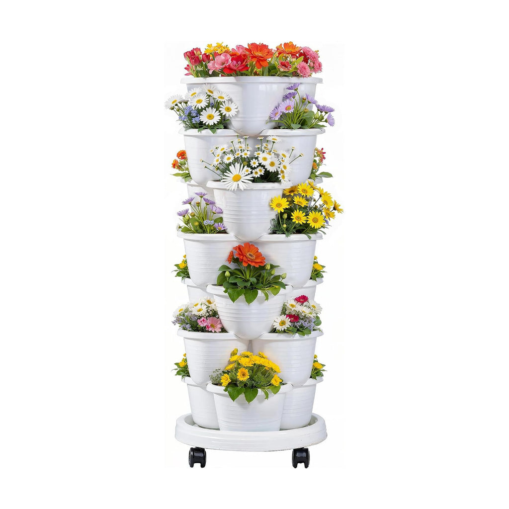 VECELO 7 Tier Vertical Garden Planter, Self Watering Stackable Planters with Wheels for Strawberries, Herbs, Flowers