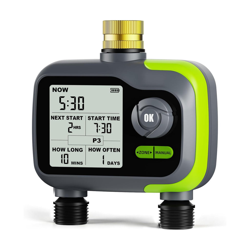 Sprinkler Timer, Watering Timer for Garden Hose, 2 Outlets Programmable Hose Timers with Rain Delay, Outdoor Soaker