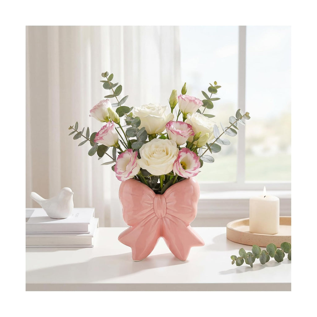 Elegant Pink Bow Shaped Ceramic Vase Multi-Functional Flower Vase