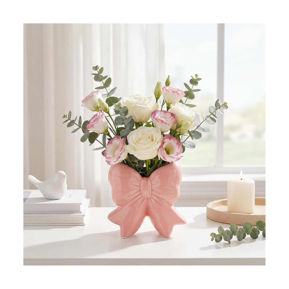 Elegant Pink Bow Shaped Ceramic Vase Multi-Functional Flower Vase