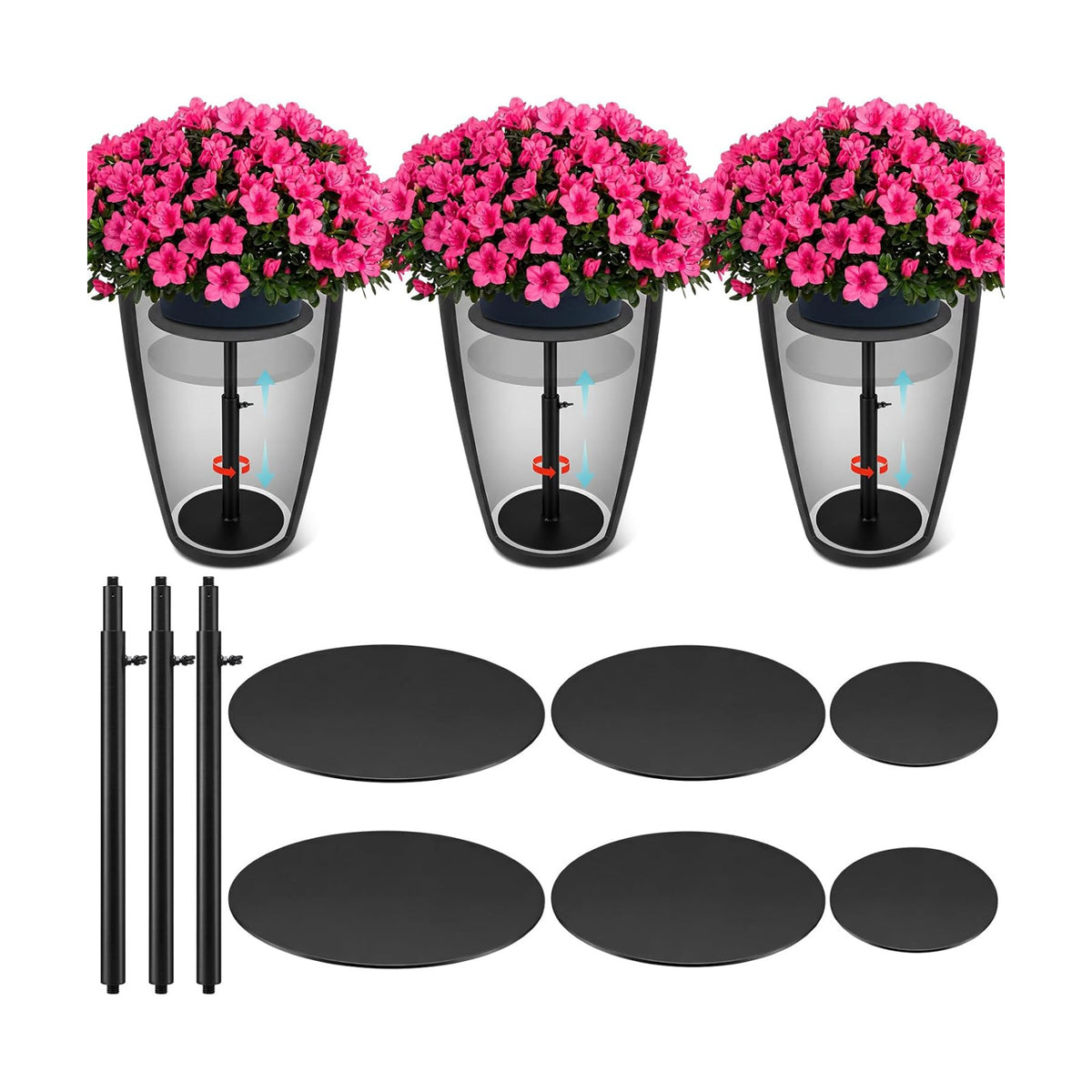 Novabright 3 Pack Adjustable Plant Riser for Inside Pot 12-22" Planter Inserts for Large Pots Metal Pot Fillers for Tall Square Round Taper Planters Container Indoor Outdoor (6'' 8" 10" Base or Top)