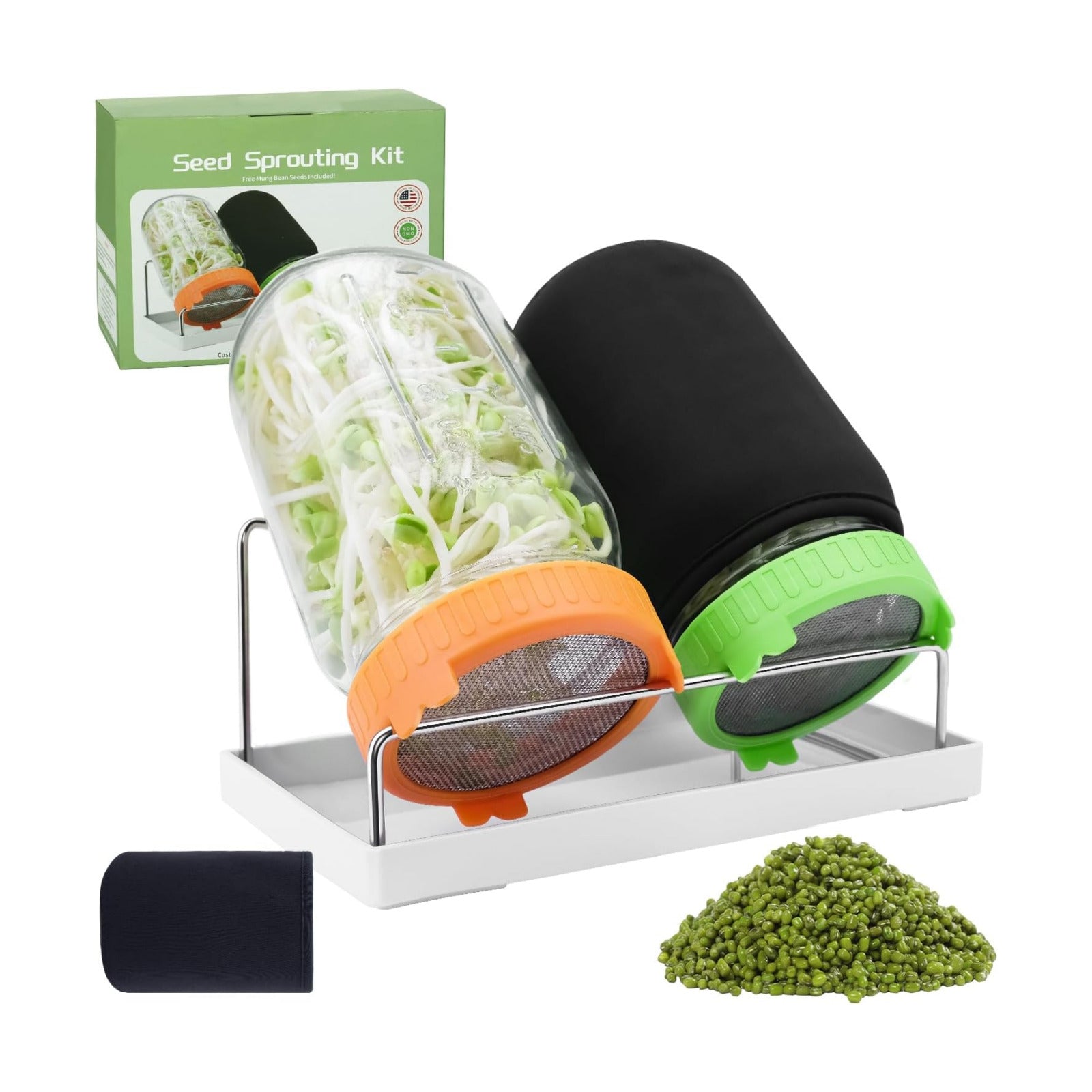 Seed Sprouting Jar Kit with Mung Beans 2.9oz, 2 Wide Mouth Mason Jars with Sprouting Lids, Drain Tray Blackout Sleeves