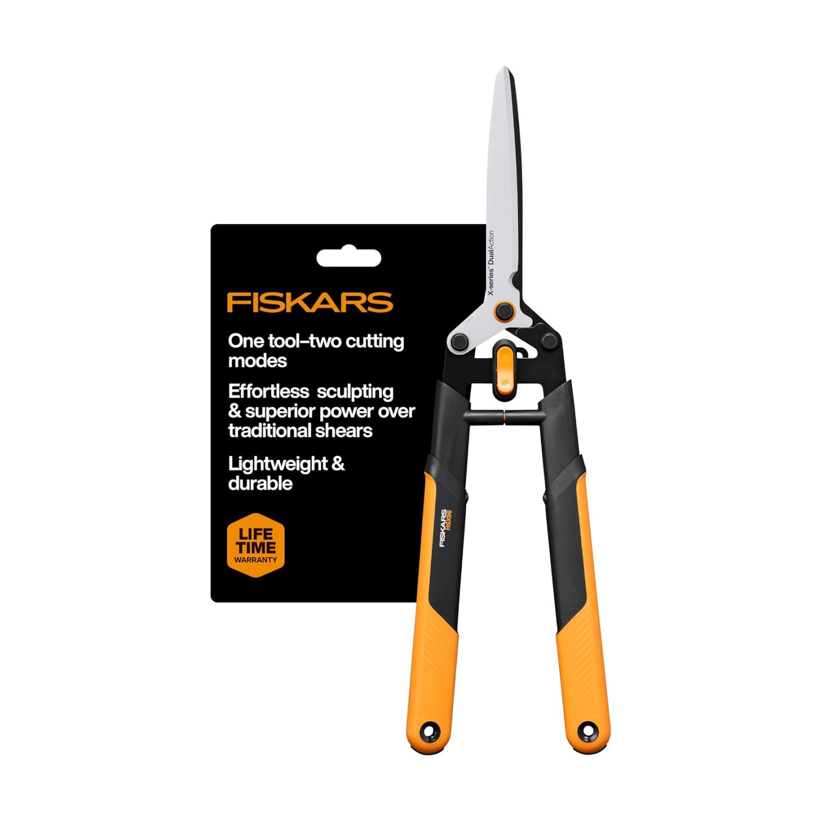 Fiskars 25" DualAction Hedge Shears, 2-in-1 Fast or Powerful Trimming | Cuts Through Thin & Thick Branches of Hedges &