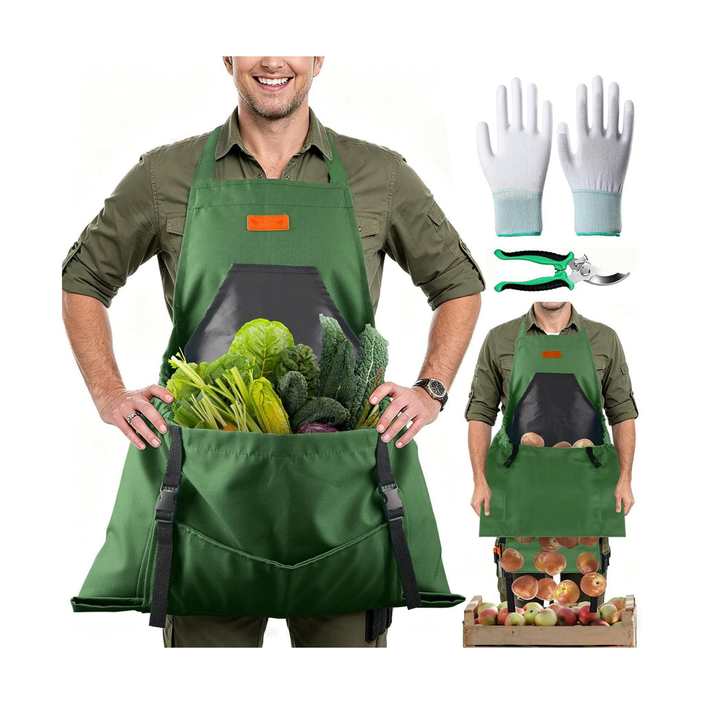 3PCS Gardening Apron, Harvest Apron with Shears and Gloves for Women, Men | Cross-Back, Large Quick Release Pocket