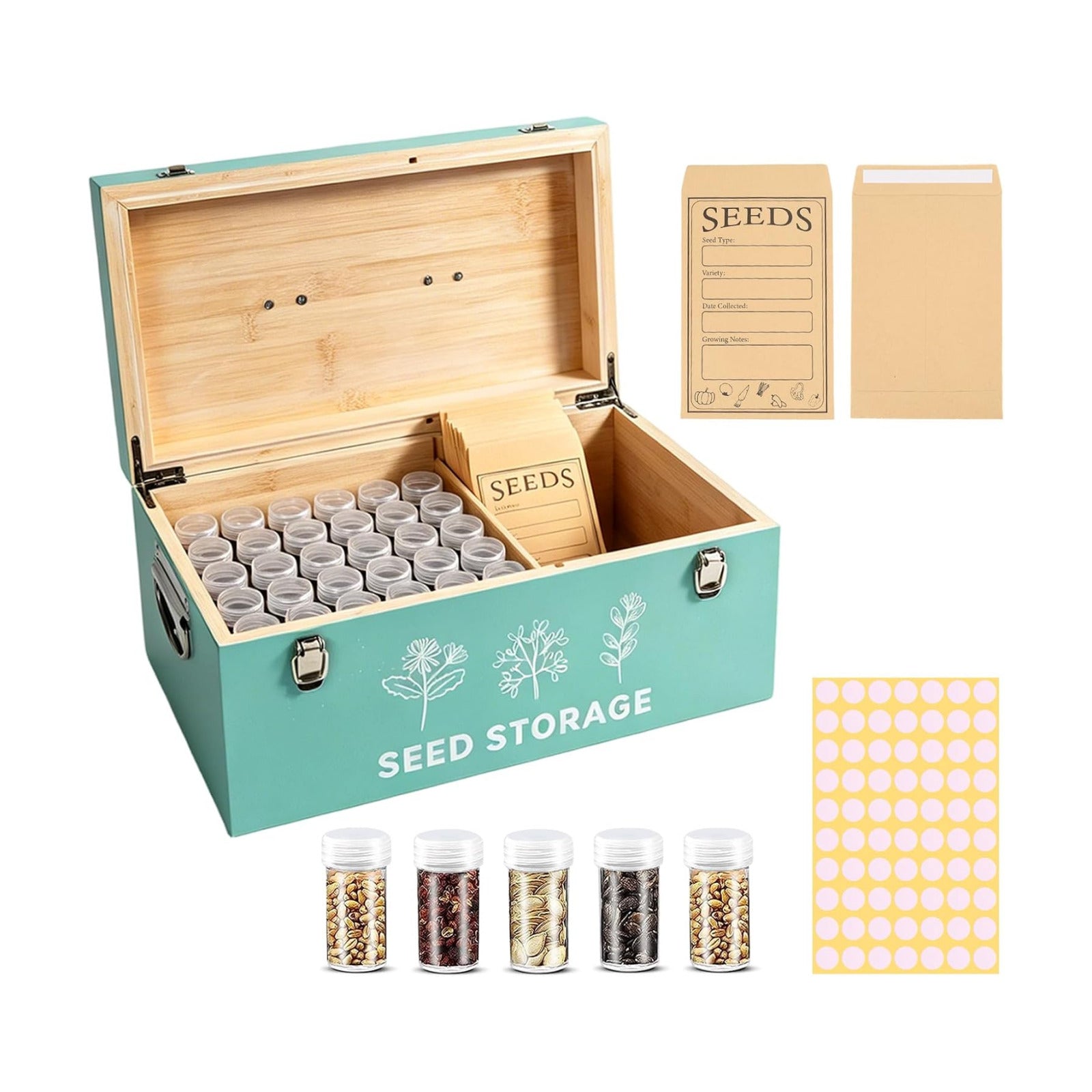 60 Slots Seed Storage Organizer, Bamboo Seed Box with Lid and Safety Locks | Bamboo, Strong Seal, Completely Blocks