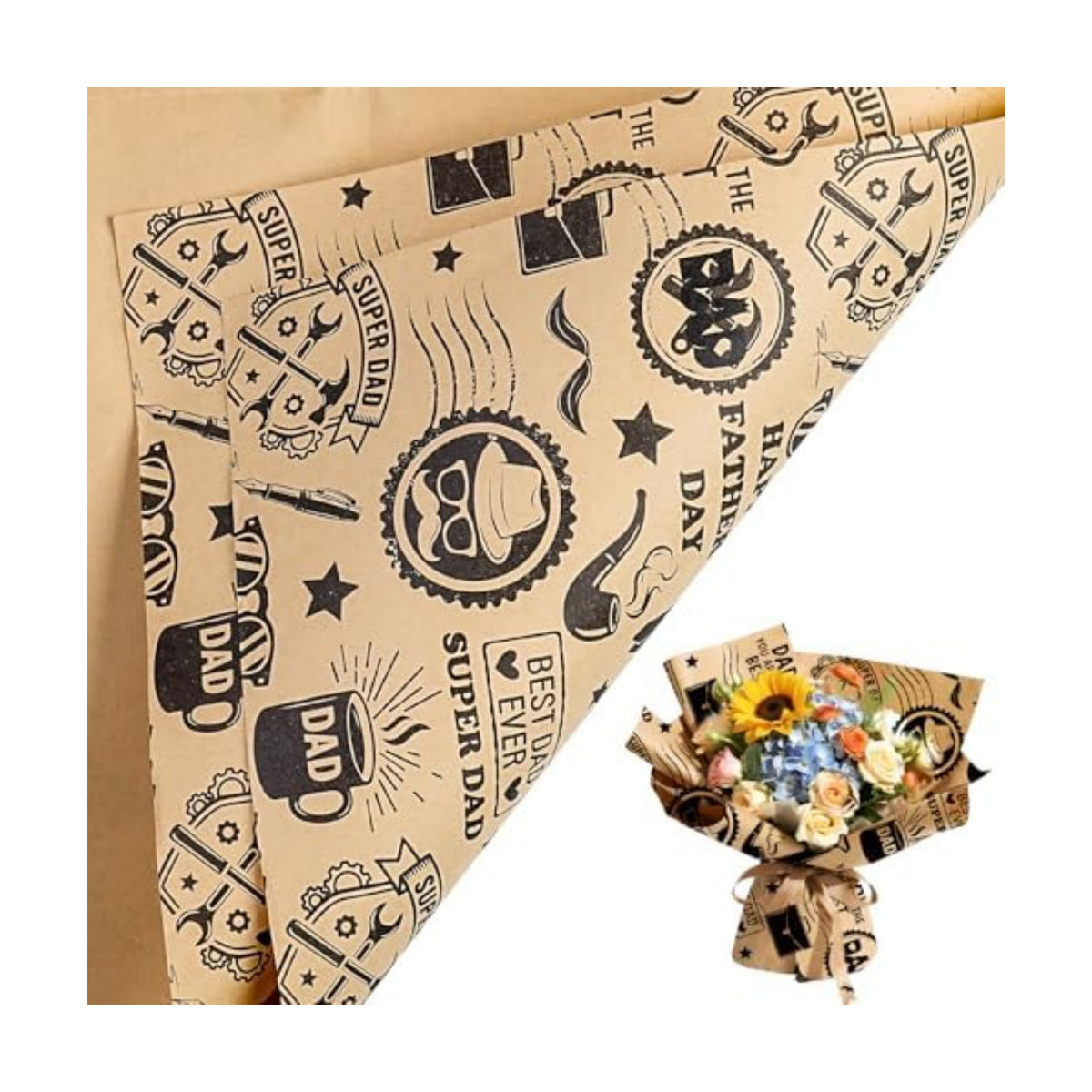LeZakaa 10 Sheets Fathers Day Flower Wrapping Paper, Happy Father's Day Dad Theme Gift Wrap, Brown Kraft Floral Bouquet Paper for Men Husband Grandpa DIY Gift Packaging, 19.7 x 27.6In Each