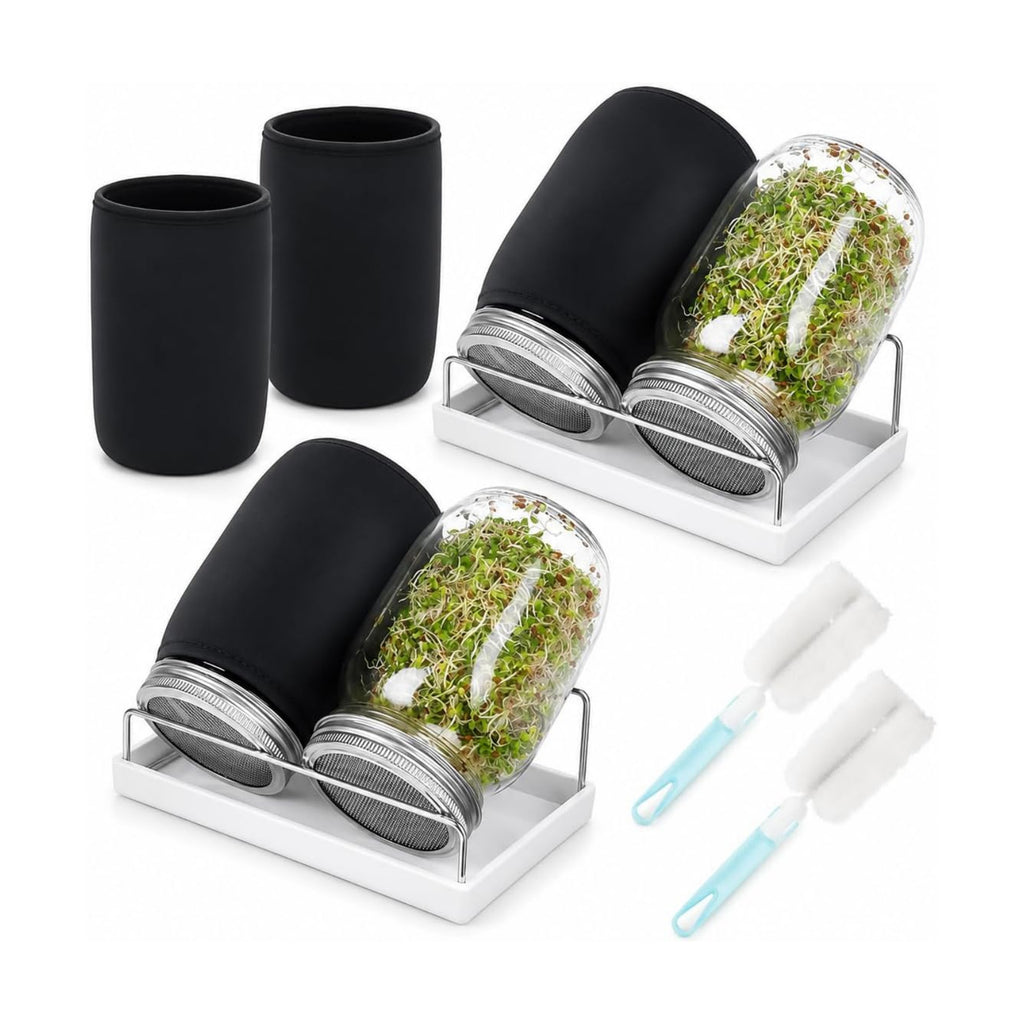 4 Pack Seed Sprouter Jars, 32 oz Wide Mouth Mason Jar Kit | Stainless Steel Mesh Lids, Drip Tray, Blackout Sleeves And
