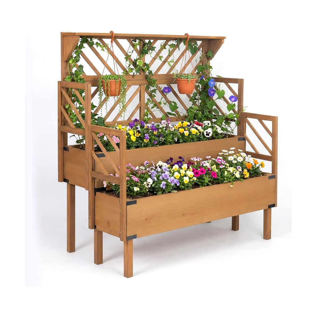Raised Garden Bed Outdoor with Lattice Trellis, 47.2''H Wood Outdoor Flower Plant Stand with Two Planting Areas, Metal