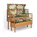 Raised Garden Bed Outdoor with Lattice Trellis, 47.2''H Wood Outdoor Flower Plant Stand with Two Planting Areas, Metal