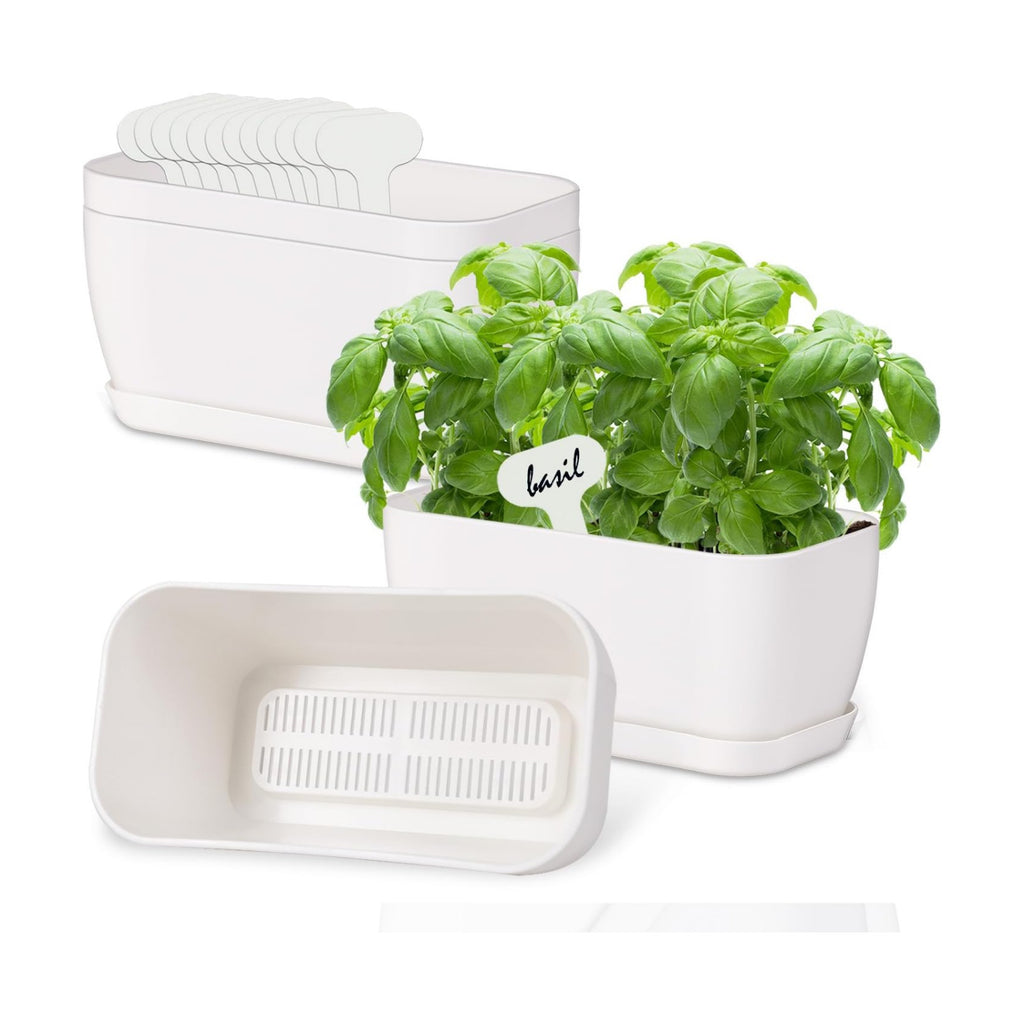 Oliz 4 Set Window Herb Planter Box Rectangular, Green Plastic Planters with Multiple Drainage Holes and Trays,Indoor Succulent Cactus Mint Flower Pot for Windowsill, Garden Balcony (White)