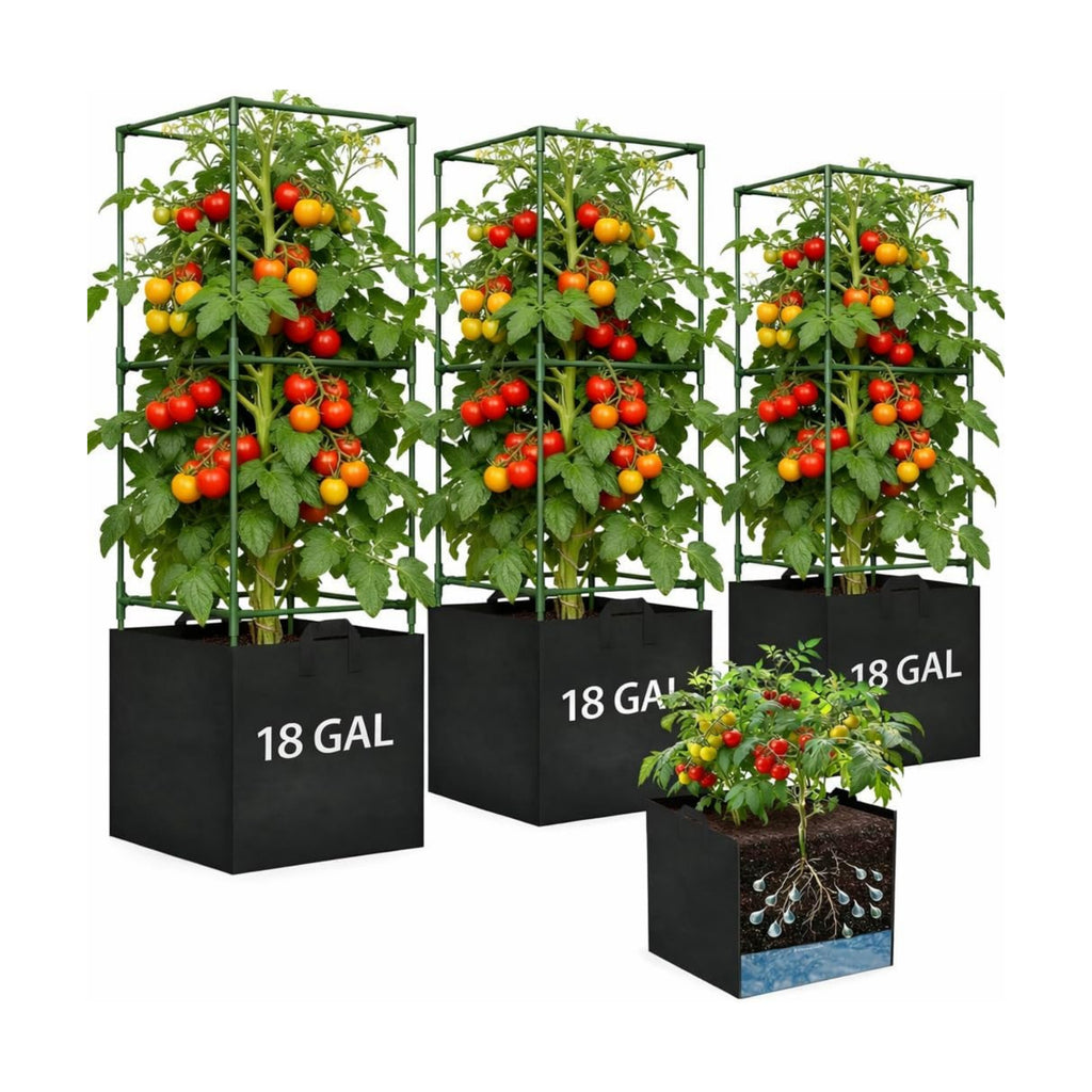 Tomato Cages for Garden, Tomato Planter with Trellis, 48in Tall Square Tomato Trellis with 18 Gallon Grow Bags, Patio &