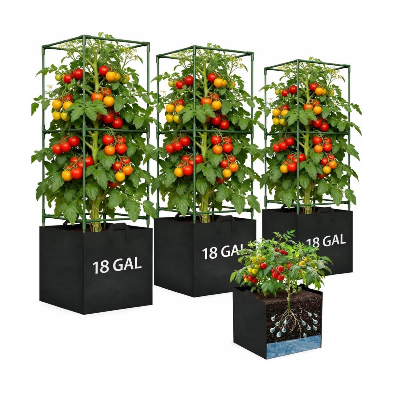 Tomato Cages for Garden, Tomato Planter with Trellis, 48in Tall Square Tomato Trellis with 18 Gallon Grow Bags, Patio &