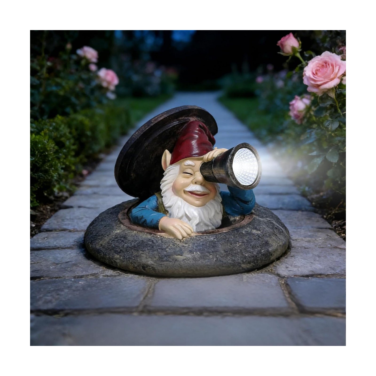 Solar Garden Gnome Outdoor Decor, Funny Gnome Statue Peeking from Manhole Cover, Waterproof Resin Figurine Lights for