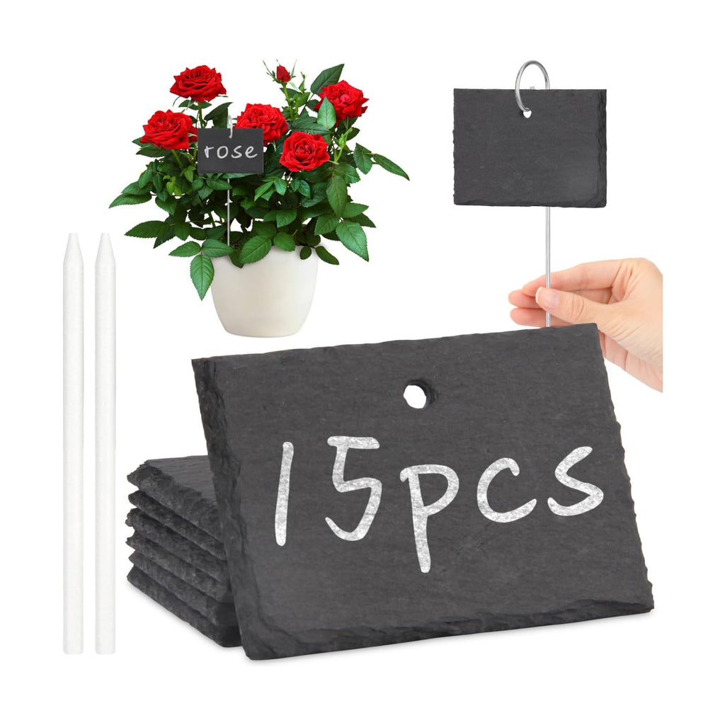 15 Pcs Slate Plant Labels with Chalk Pencils, Rectangular | Outdoor Garden Marker Label Signs, With Stakes, For Plants