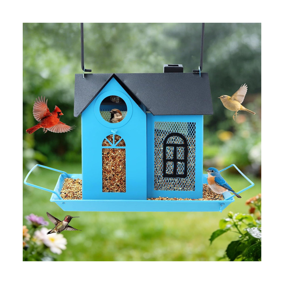 Solar Bird Feeder for Outdoors - Blue Metal Hanging Bird Feeder with Solar Light, Decorative for Wild Cardinals, Finches, Weatherproof Backyard Garden Decor Ideal Gift for Women Mom Grandma