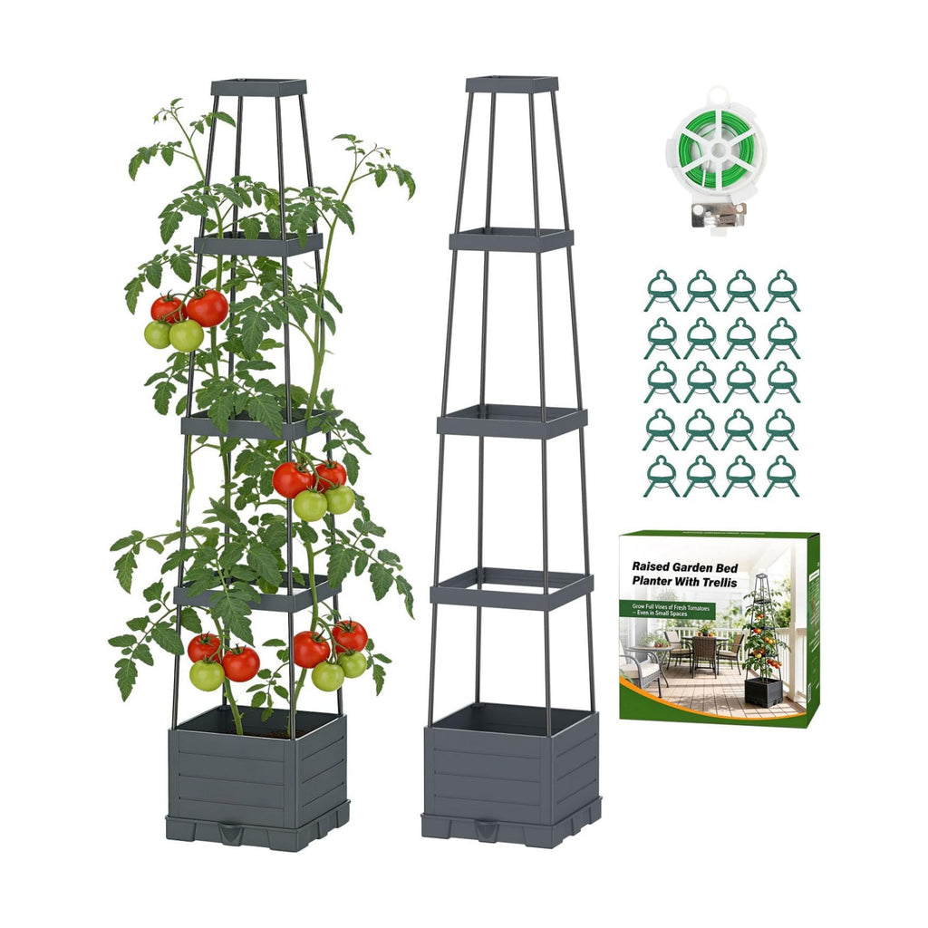 Suteck Raised Garden Bed with Trellis, 2PK Self-Watering Tomato Planter Box | Adjustable Height Steel Support Frame for