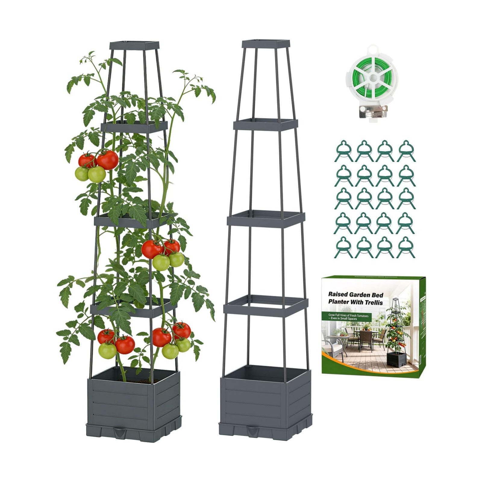 Suteck Raised Garden Bed with Trellis, 2PK Self-Watering Tomato Planter Box | Adjustable Height Steel Support Frame for