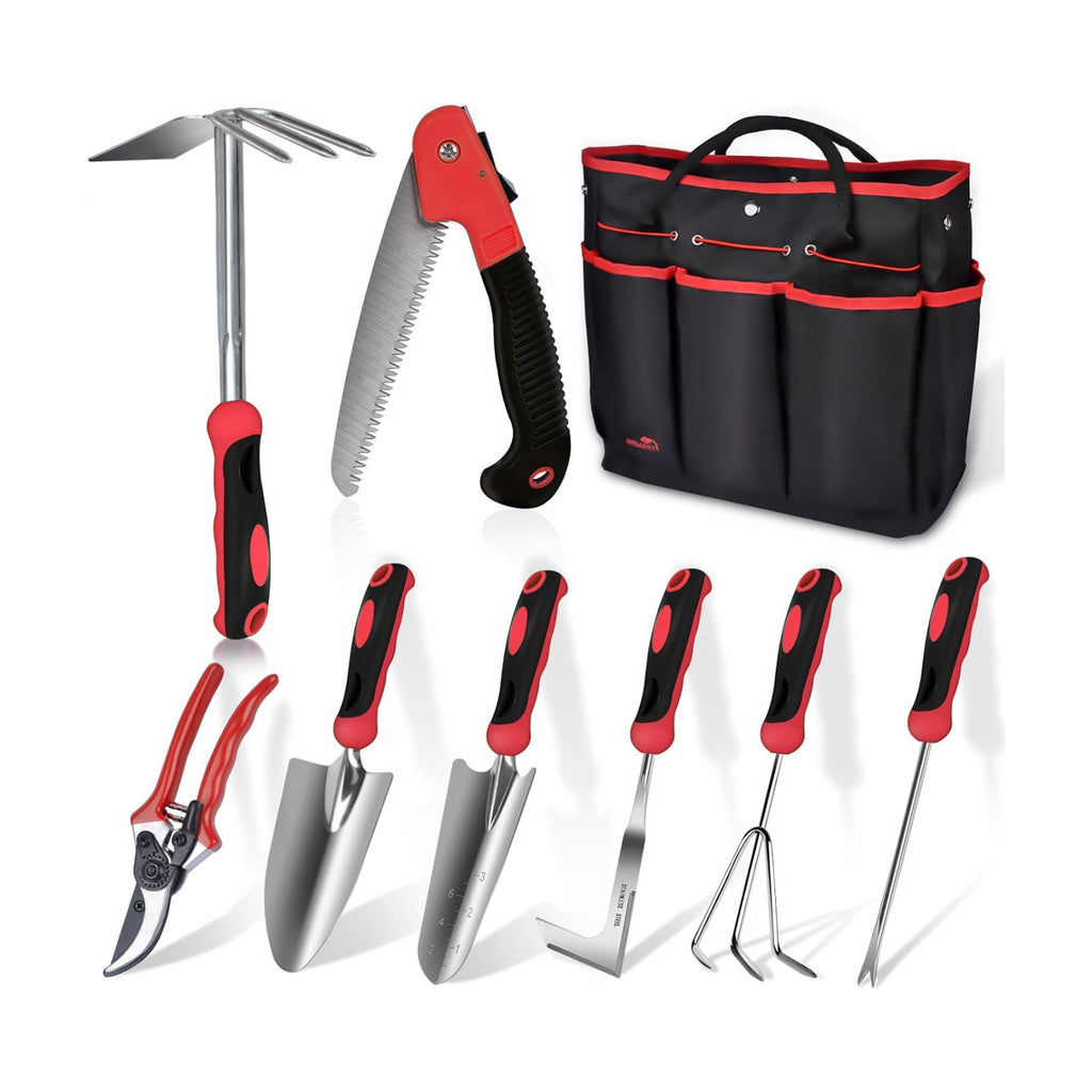 Red Gardening Tools, WisaKey 9 Piece Stainless Steel Heavy Duty Garden Tools with Non-Slip Ergonomic Handle, Garden