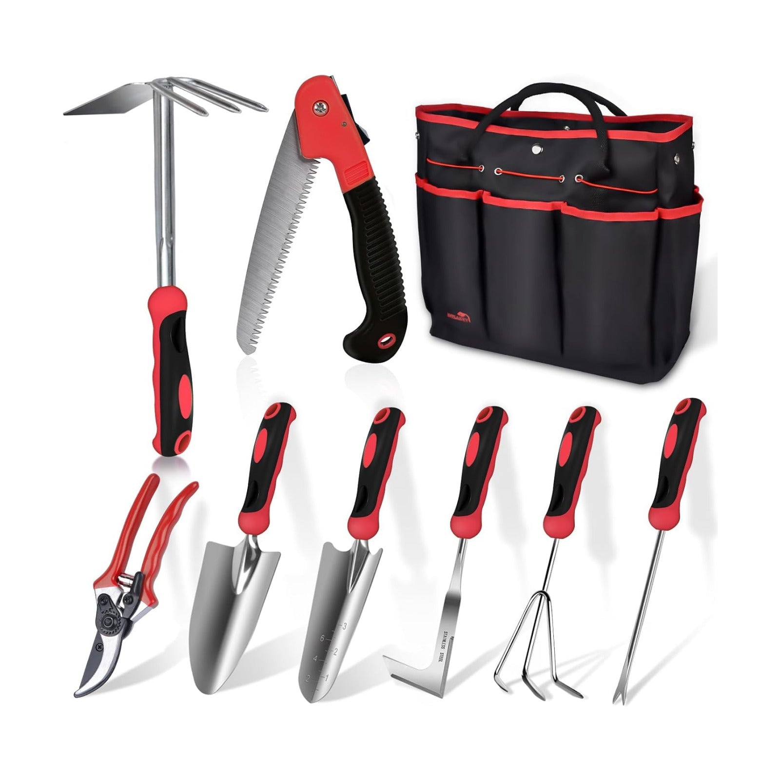 Red Gardening Tools, WisaKey 9 Piece Stainless Steel Heavy Duty Garden Tools with Non-Slip Ergonomic Handle, Garden