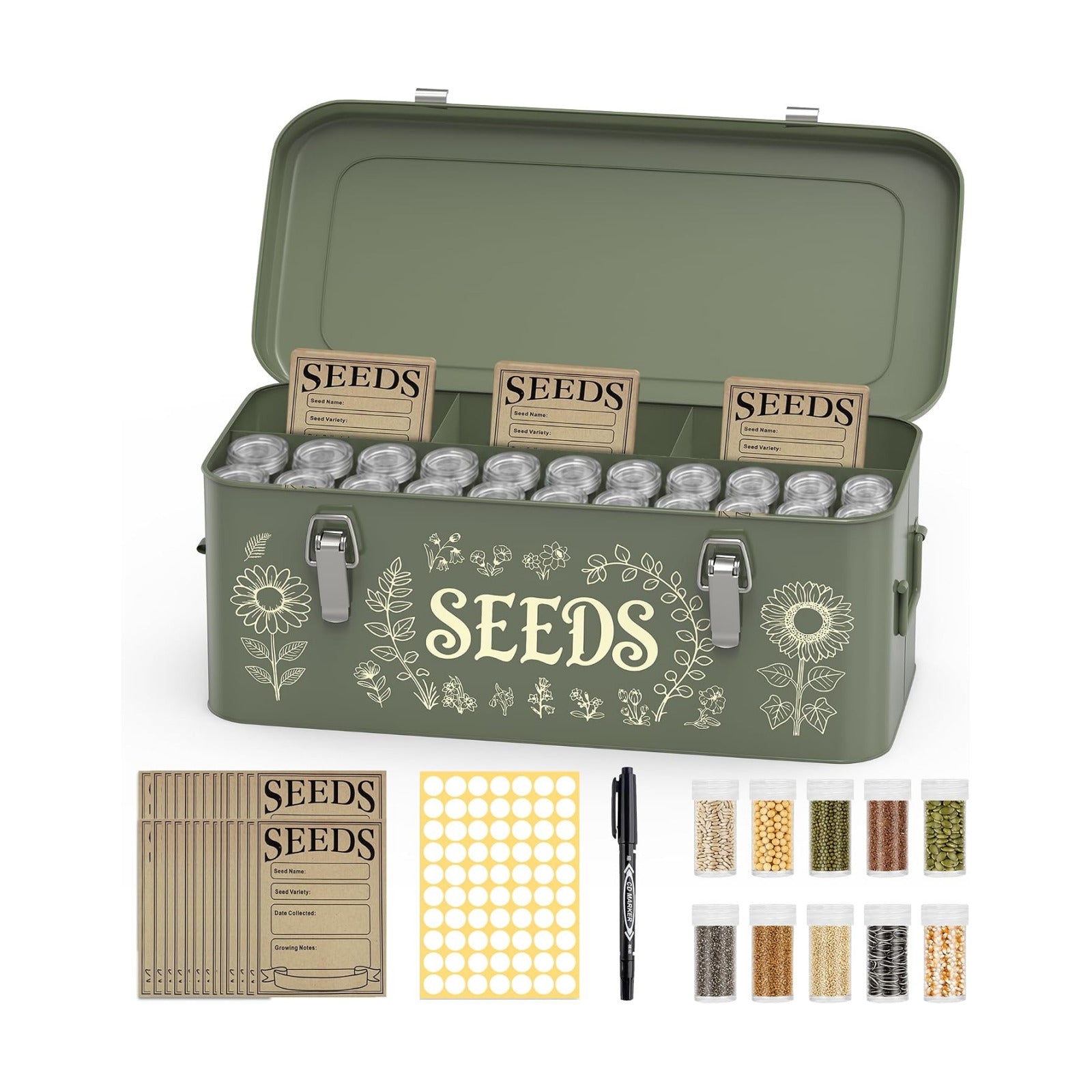 Metal Seed Storage Organizer, 4 Compartment Locking Seed Saving Box | Includes 30 Bottles & Envelopes, Dark Green