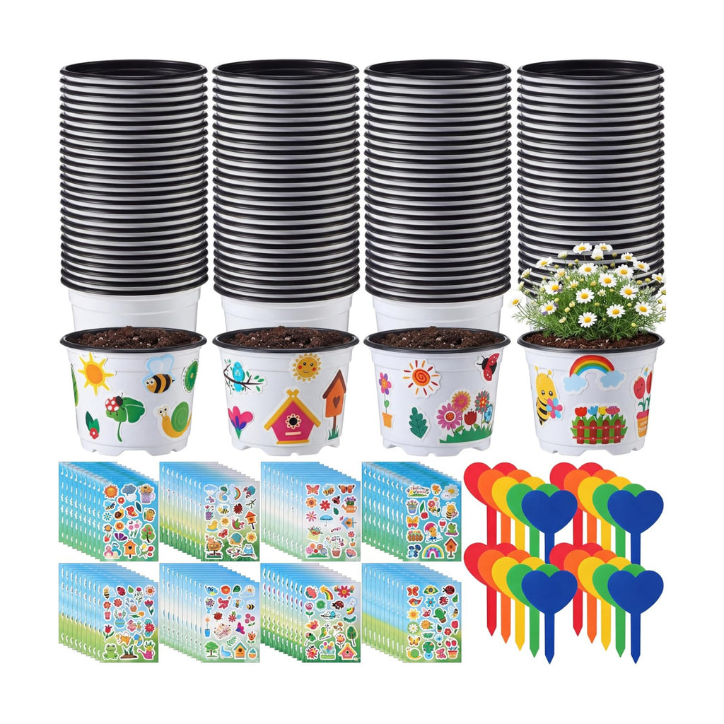 100 Sets Garden Pot Craft Kit, Flower Plant Craft,White,Rustic | Including Plastic Nursery Plant Pots Labels Tags