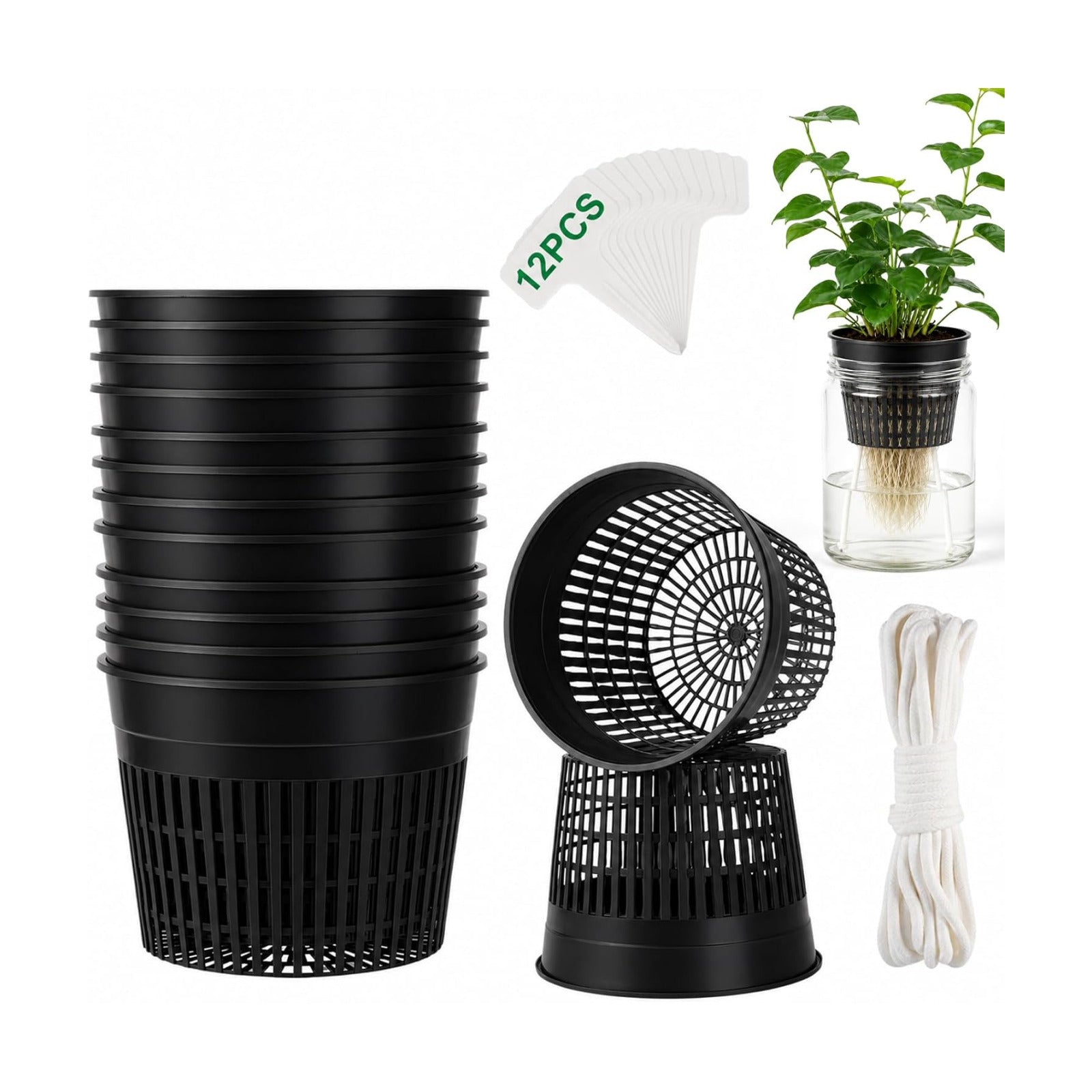 Net Cups Hydroponics 12 Pack, 6 Inch Mesh Pots with Wick Cord | Includes 12 Plant Labels and 30 Ft Wick Cord for