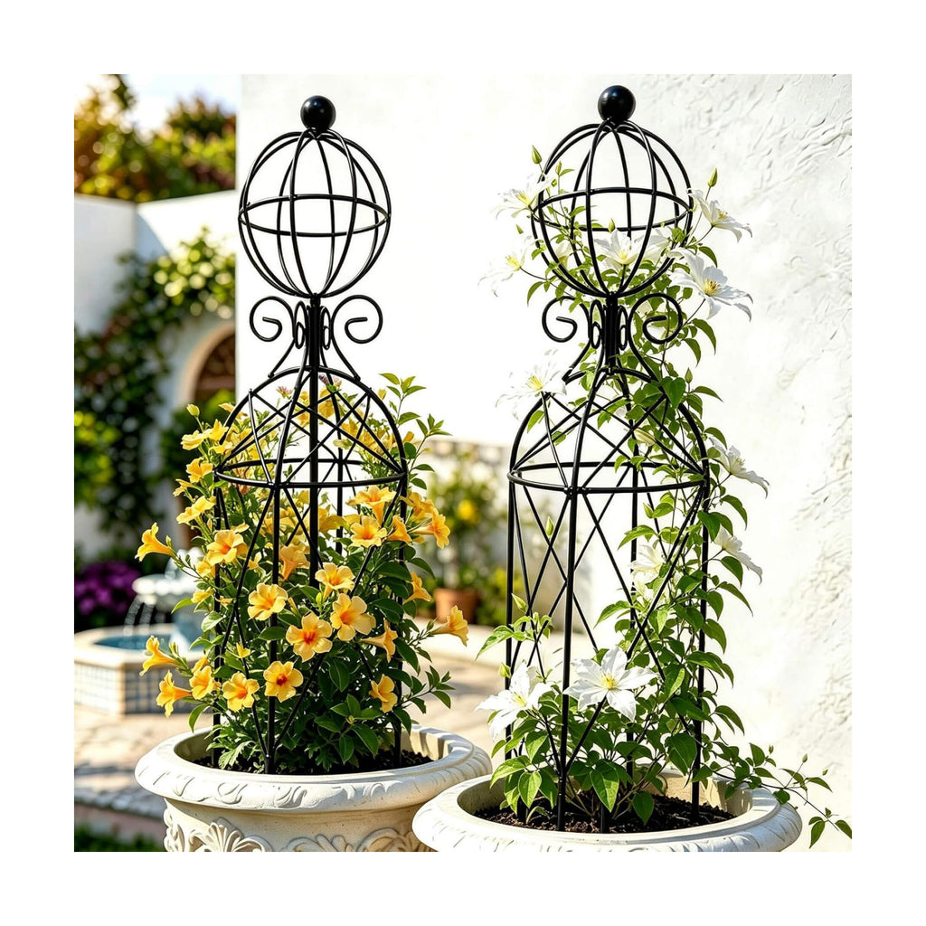 2-Pack Metal Garden Obelisk Trellis, 28" Geometric Sphere Plant Support | Tool-free assembly; fits 9–12in planters