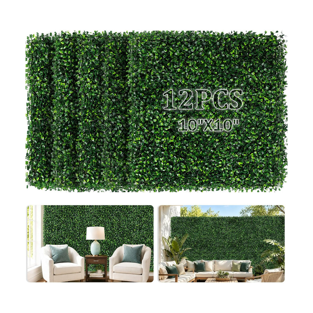 Artificial Grass Wall Panels Backdrop, 10"X10" 12P(8.4 sqft) UV-Anti Faux Greenery Privacy Fence Screen, Artificial
