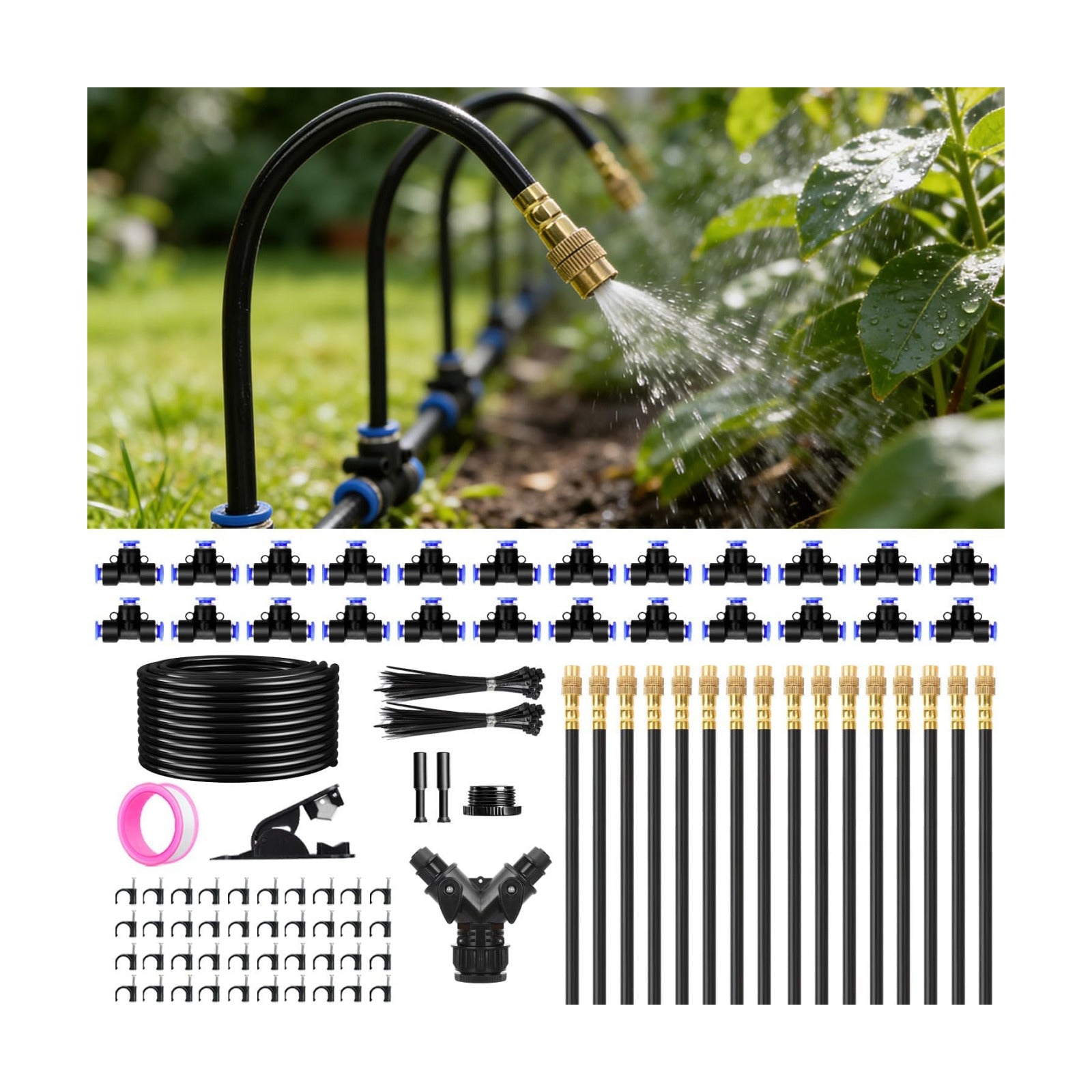 100FT 1/4" Drip Irrigation System, 2026 Upgrade Garden Irrigation Kit with 24pcs 360° Adjustable Copper Nozzles, DIY