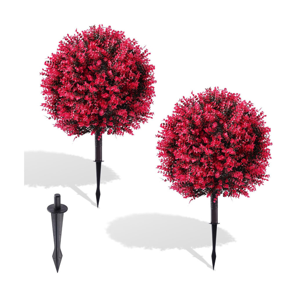 27.6 Inch Red Eucalyptus Topiary Ball Trees, 2 Sets Faux Boxwood Topiary with Spikes, Pot Filler Fake Shrubs Plants for Outdoor Planters, Round Topiary Bush Balls Front Porch Home Garden Spring Decor