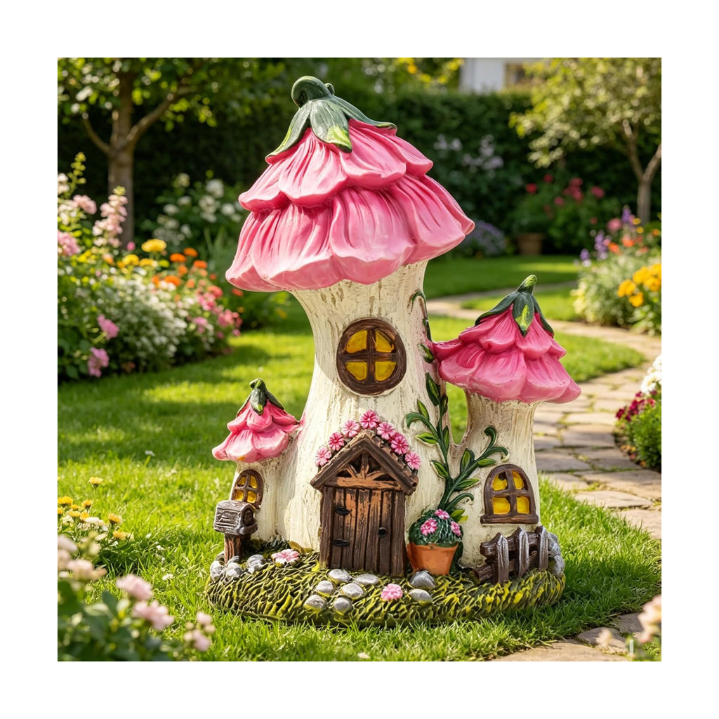 Pink Mushroom House Fairy Garden Statue,7.7 Inches | Resin Whimsical Figurine for Patio, Lawn, Yard, Outdoor & Indoor