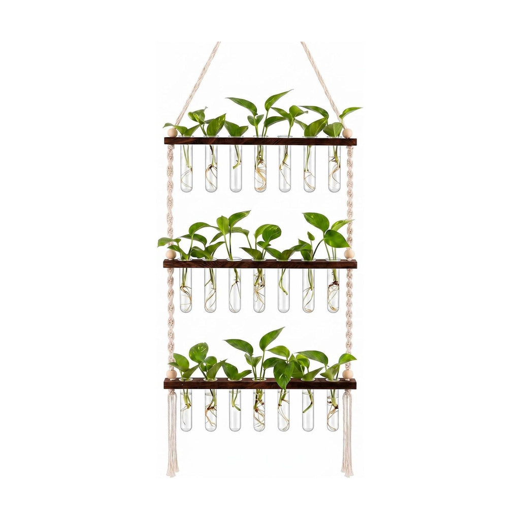 Hushee 3 Tiered Macrame Plant Propagation Station Wall Hanging with Wooden Stand and 21 Tubes, Planters Wall Hanging