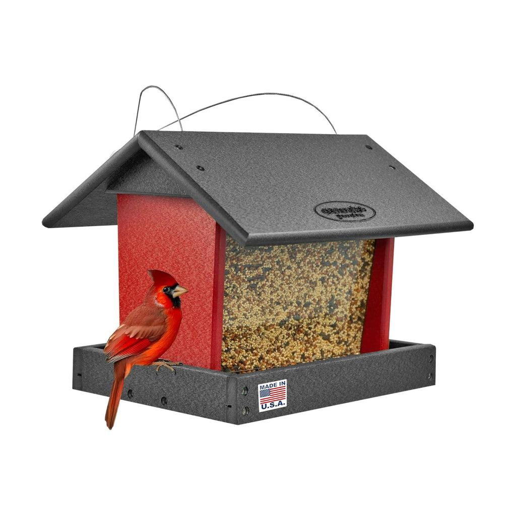 Poly Hanging Hopper Bird Feeder, Large Bird Feeder for Outside, Outdoors - Amish American Made (Hanging, Black & Red)