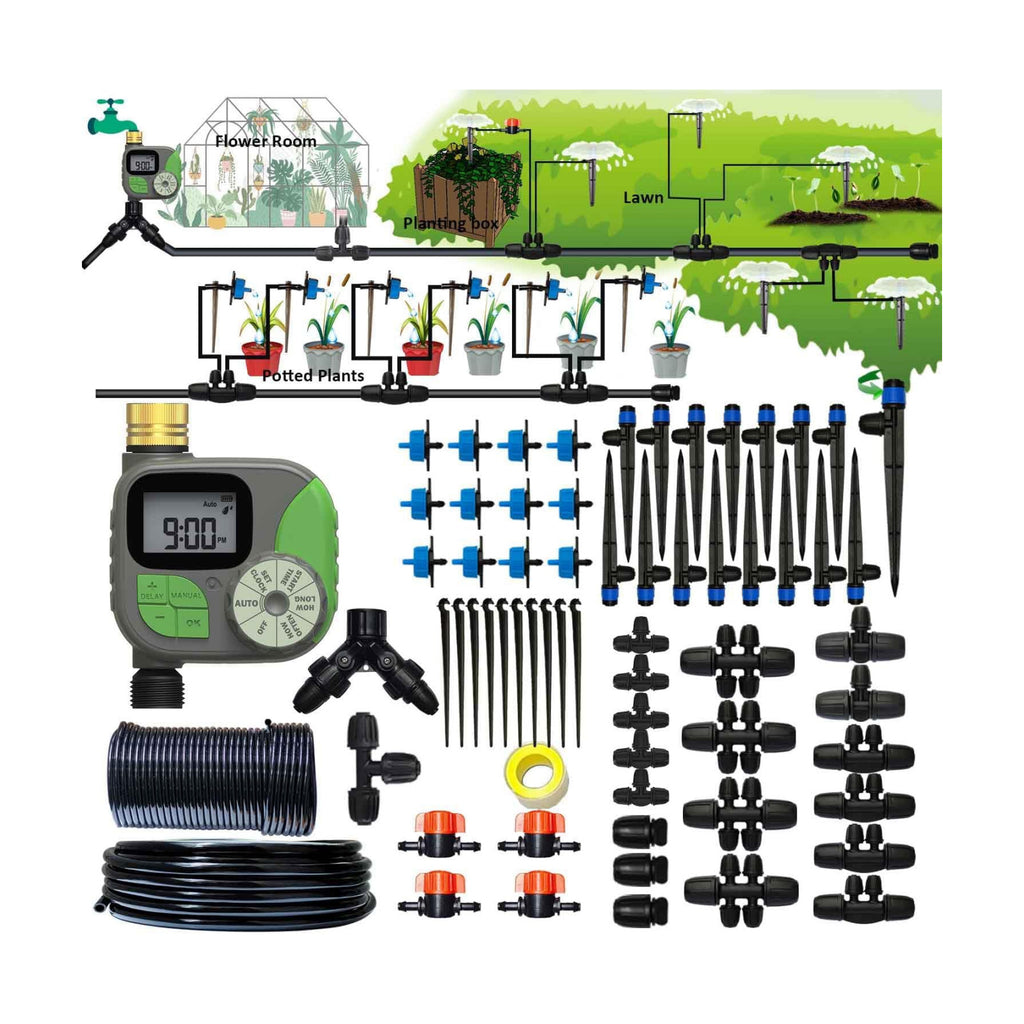 Drip Irrigation System with Water Timer Auto Watering System for Garden 5/16“ID and 1/4 Inch Pipe 162ft Adjustable