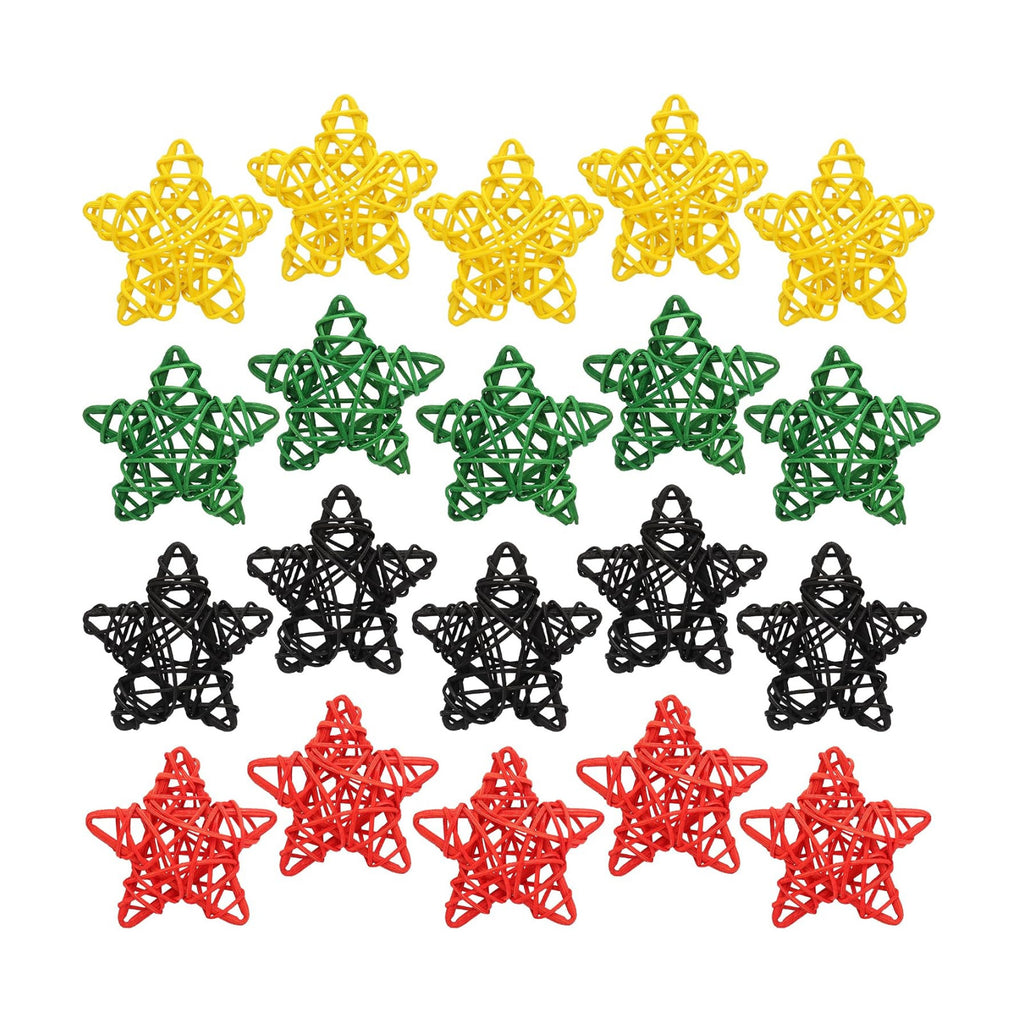Lucleag 20Pcs Black Red Green Yellow Natural Rattan Star Ornament Vase Filler, African American Wicker Hanging Decor for Black History Month Juneteenth Kwanzaa Tree Home Table Decor Party Supplies