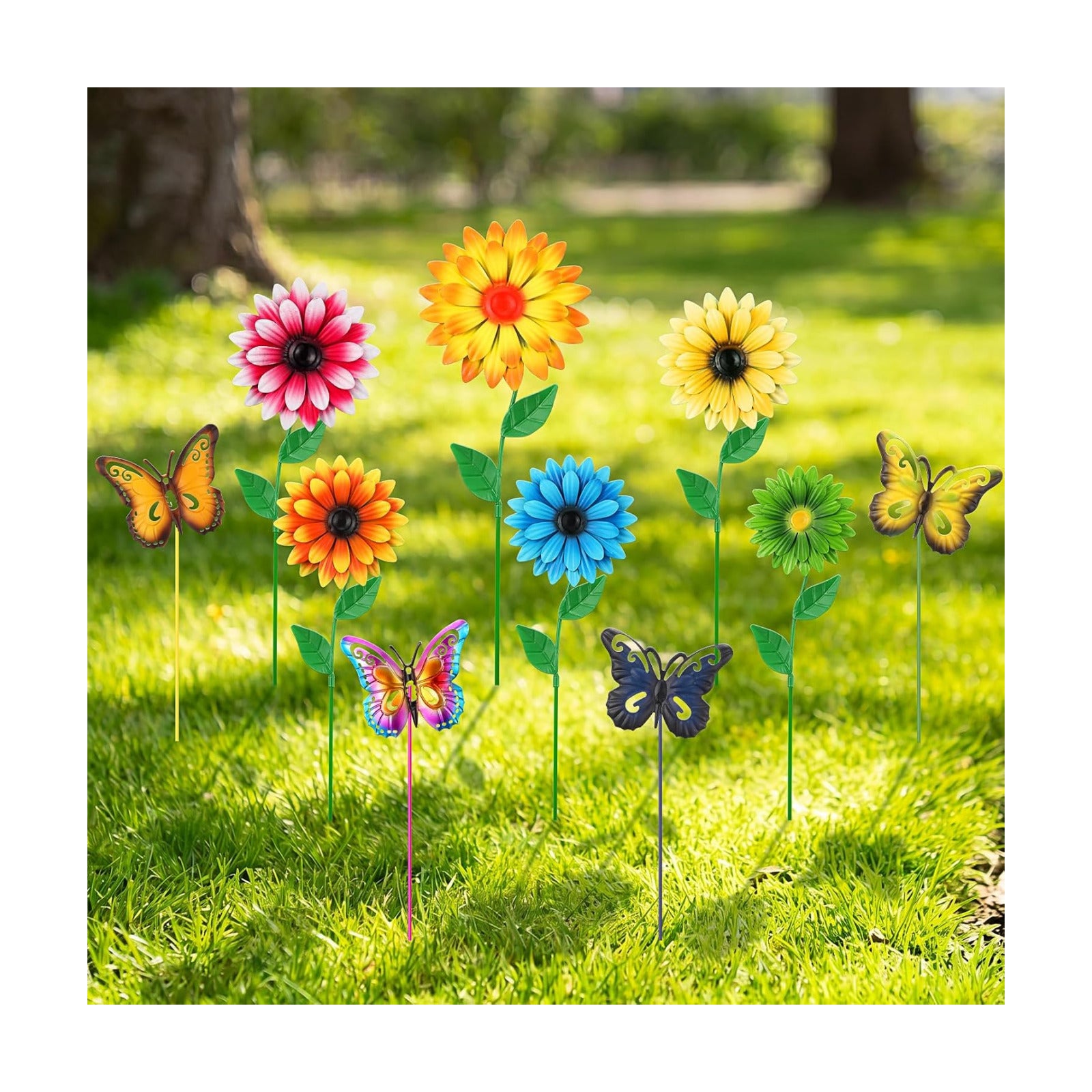 Chumia 10 Pack Decorative Garden Metal Flowers for Outside 3D Garden Flowers Stakes Art Outdoor Yard Decor for Lawn