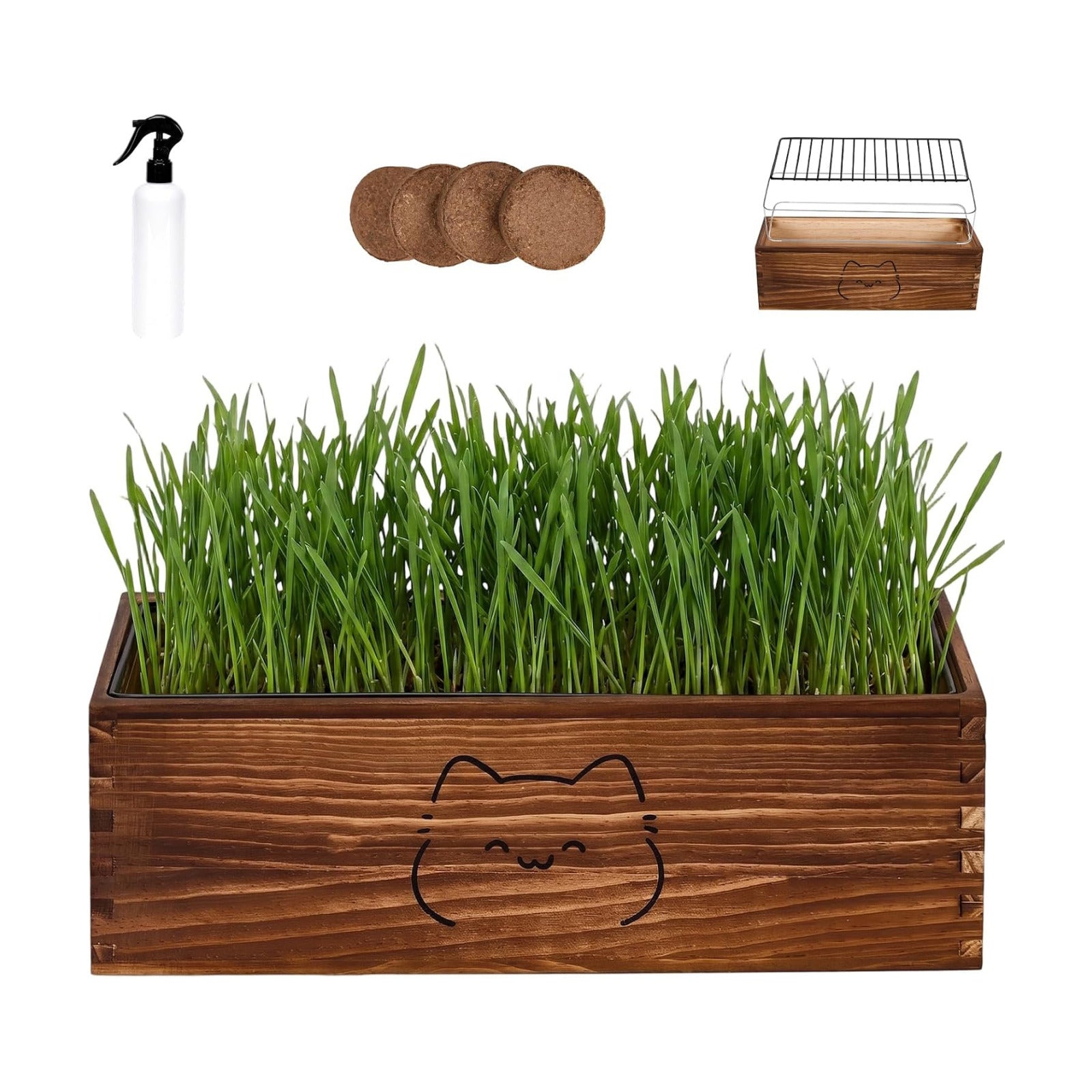 Wooden Cat Grass Planter (no Seeds Included),Cat Grass Kit for Indoor Cats with Anti-Digging Grid, Potting Soil