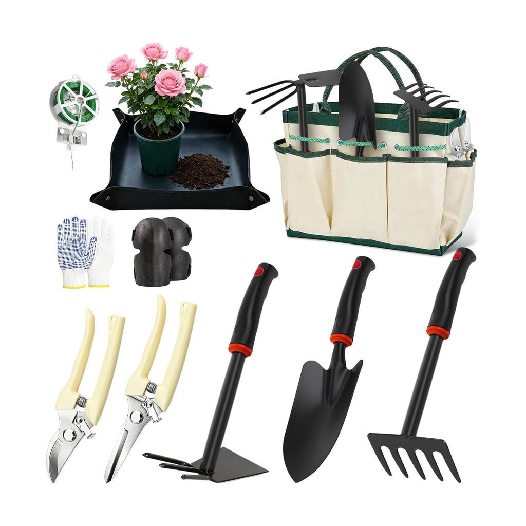 10PCS Gardening Tools Set, Heavy Duty Garden Hand Tool with Storage Bag Rust-Resistant Steel Built to Resist Bending