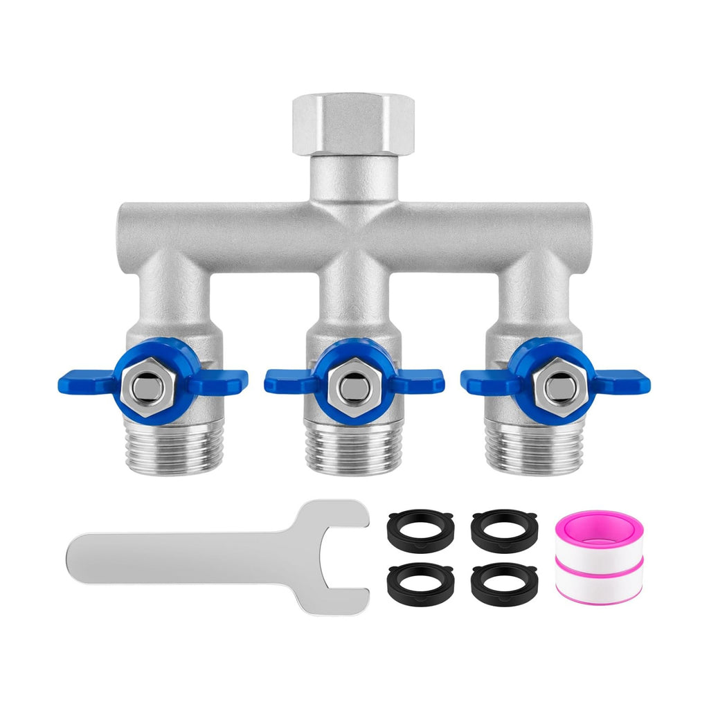 304 Stainless Steel 3 Way Garden Hose Splitter, Heavy Duty Hose Splitter with 3 Shut-Off Valves, 3/4" GHT Outdoor