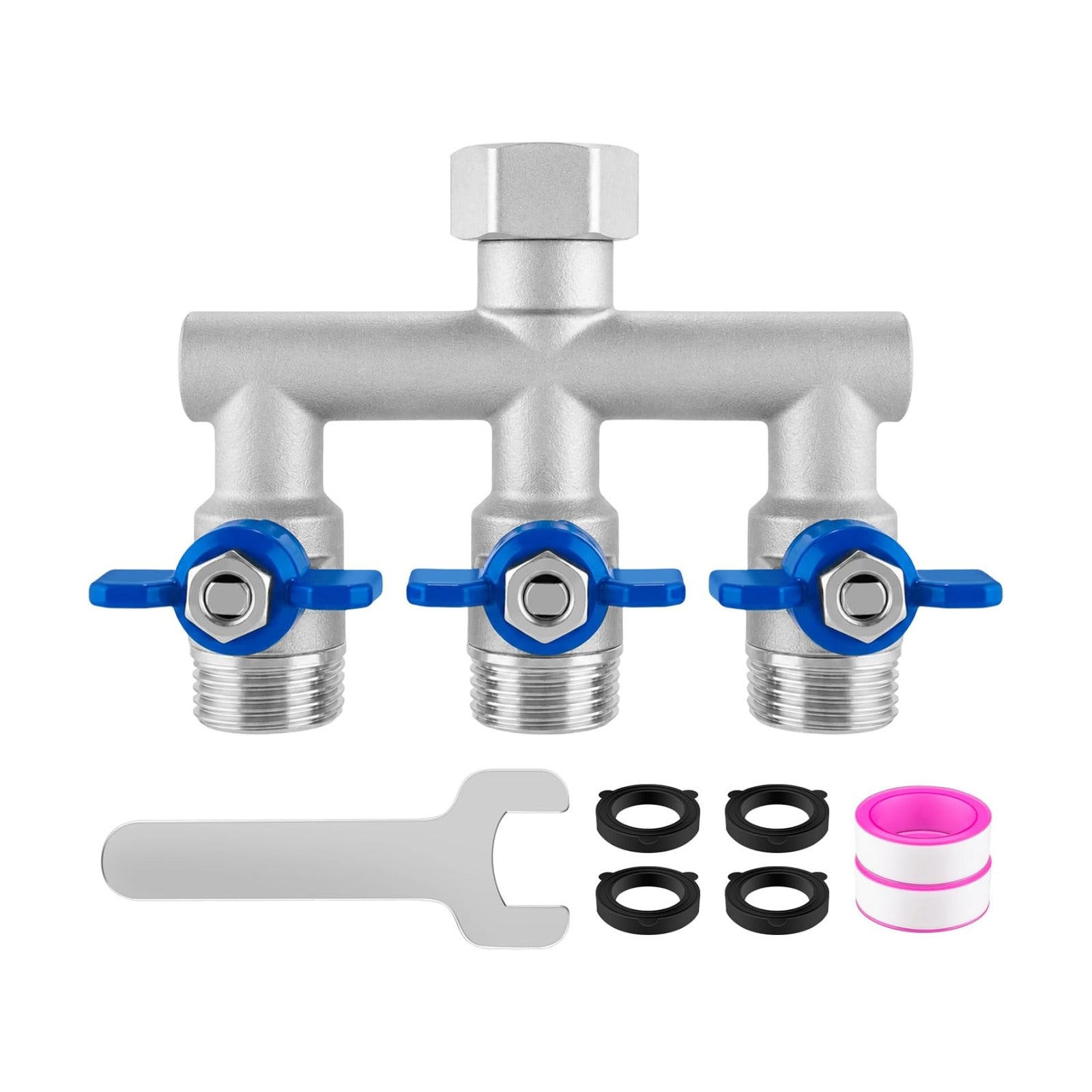 304 Stainless Steel 3 Way Garden Hose Splitter, Heavy Duty Hose Splitter with 3 Shut-Off Valves, 3/4" GHT Outdoor