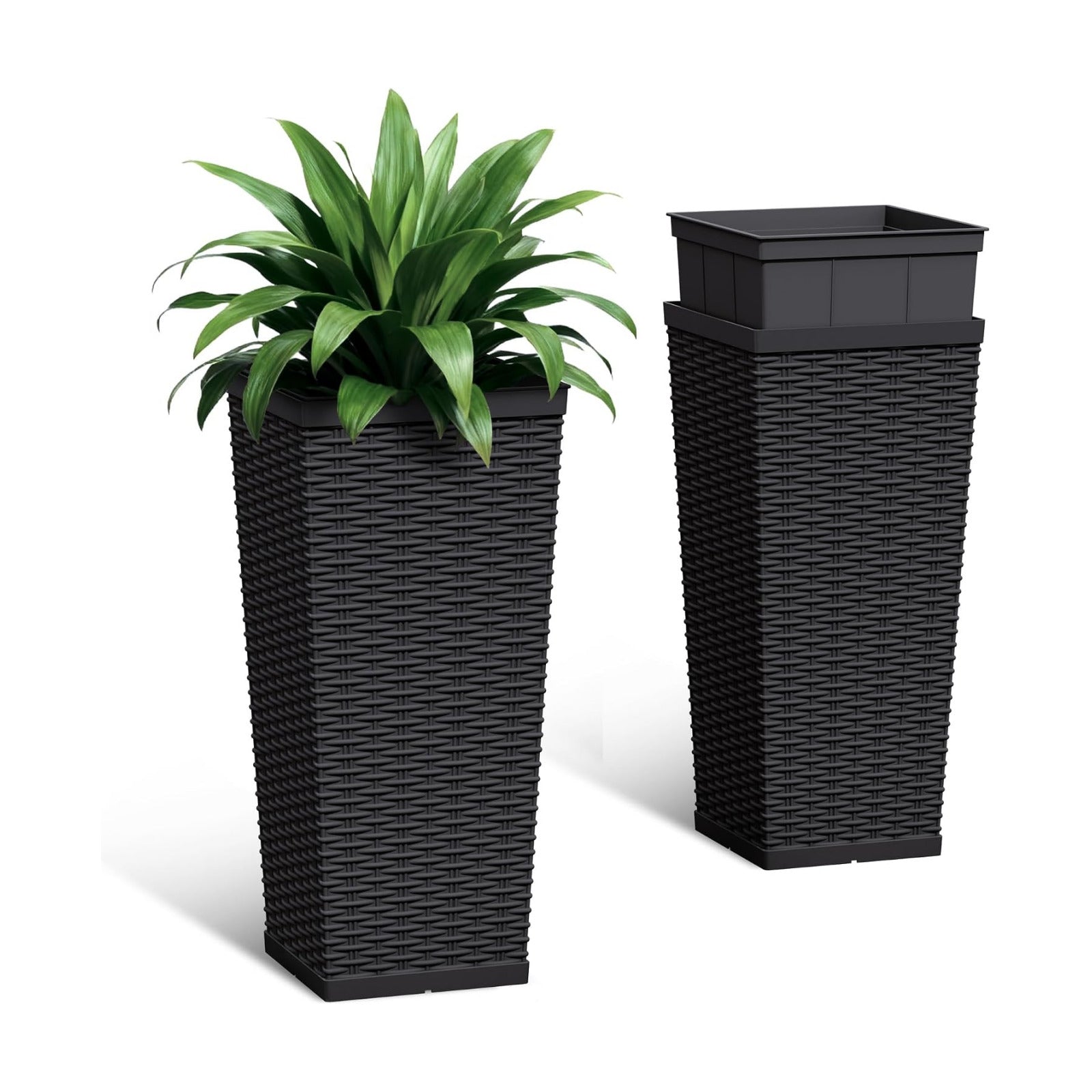 24 Inch Tall Plastic Planters (Set of 2) with Drainage Holes, Black | Detachable Inner Pot, Outdoor Decorative Flower