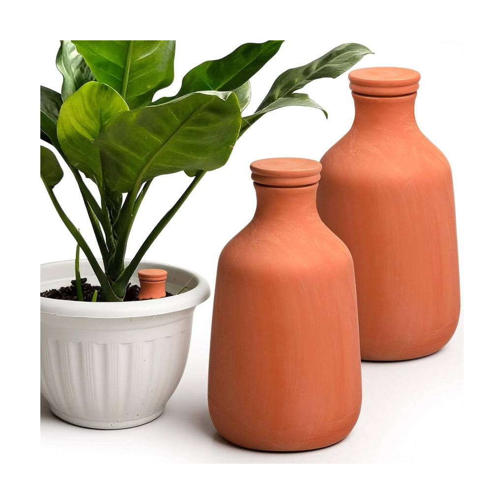 DoubleFill 2 Pcs 50oz Ollas Terracotta Watering Pots Self Watering Planter Insert Terracotta Globes Clay for Outdoor