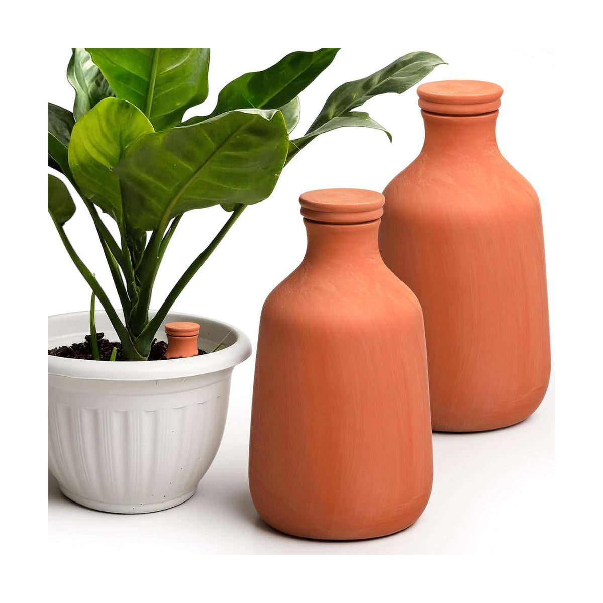 DoubleFill 2 Pcs 50oz Ollas Terracotta Watering Pots Self Watering Planter Insert Terracotta Globes Clay for Outdoor