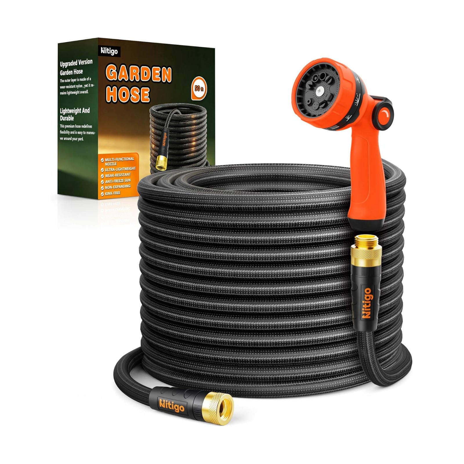 Nitigo Ultra Lightweight Garden Hose 50 FT, 2 Pounds | Wear-Resistant Nylon Outer Layer, Non-Expanding Flexible Water